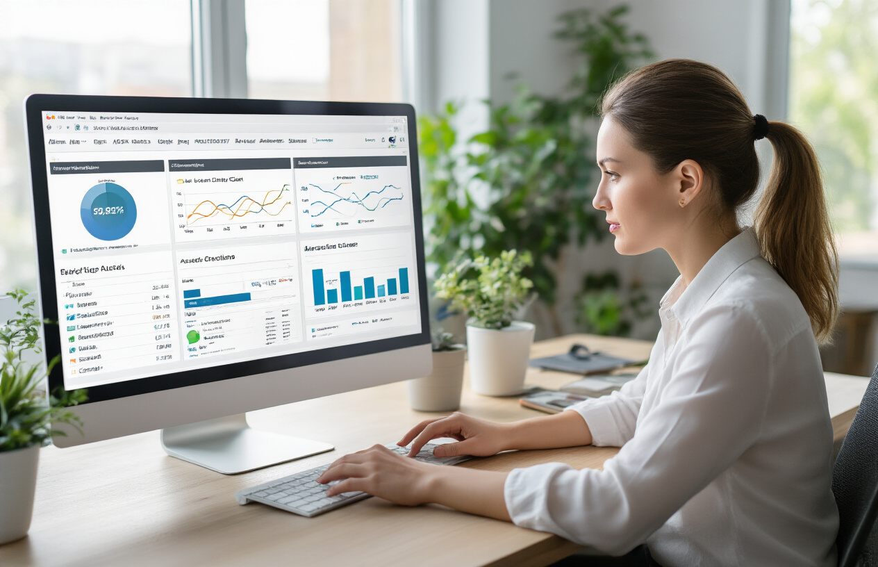 Create a realistic image of a modern workspace showing a computer screen displaying website analytics dashboard with colorful engagement metrics graphs, charts showing user behavior data, and performance indicators, while a white female professional sits at the desk analyzing the data, with a clean office environment featuring plants and natural lighting from a window, conveying productivity and digital marketing success, absolutely NO text should be in the scene.