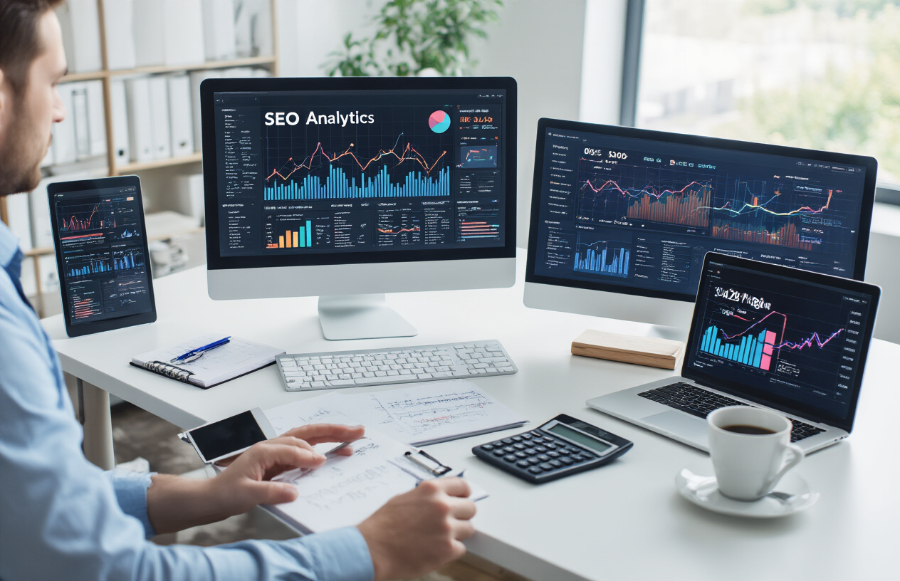 Create a realistic image of a professional workspace showing SEO analytics and performance measurement, featuring a modern computer monitor displaying colorful graphs, charts, and data visualizations with upward trending lines and performance metrics, a smartphone and tablet on a clean white desk showing similar analytics dashboards, a white male business professional in his 30s analyzing the data while taking notes, surrounded by elements like a calculator, notebook with handwritten notes, and a coffee cup, set in a bright modern office environment with natural lighting from a window, conveying a focused and productive atmosphere of digital marketing success, absolutely NO text should be in the scene.