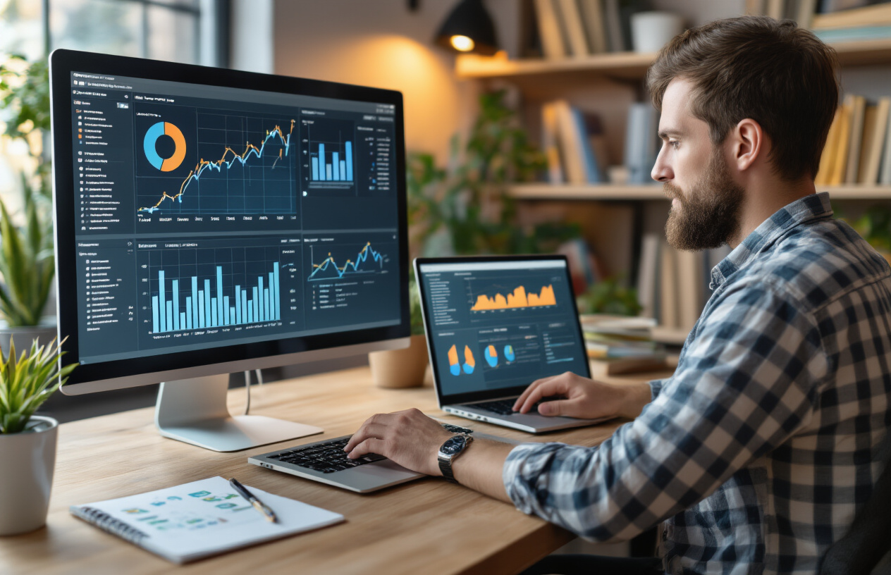 Create a realistic image of a computer screen displaying analytics dashboard with rising graphs and SEO metrics, a white male blogger sitting at a modern desk typing on a laptop, multiple browser tabs open showing successful blog posts, a notepad with checkmarks beside it, warm office lighting creating a productive atmosphere, plants and books in the background suggesting a professional workspace, the scene conveying achievement and successful completion of SEO optimization work, absolutely NO text should be in the scene.