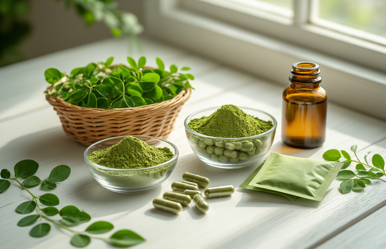 Create a realistic image of various forms of moringa products arranged on a clean white wooden table, including fresh green moringa leaves in a small wicker basket, moringa powder in a clear glass bowl, moringa capsules spilled from an open bottle, moringa tea bags, and moringa oil in a small amber glass bottle, with soft natural lighting from a window creating gentle shadows, surrounded by a few scattered fresh moringa leaves and pods for decoration, shot from a slightly elevated angle to showcase all products clearly, with a bright and clean kitchen background softly blurred, absolutely NO text should be in the scene.