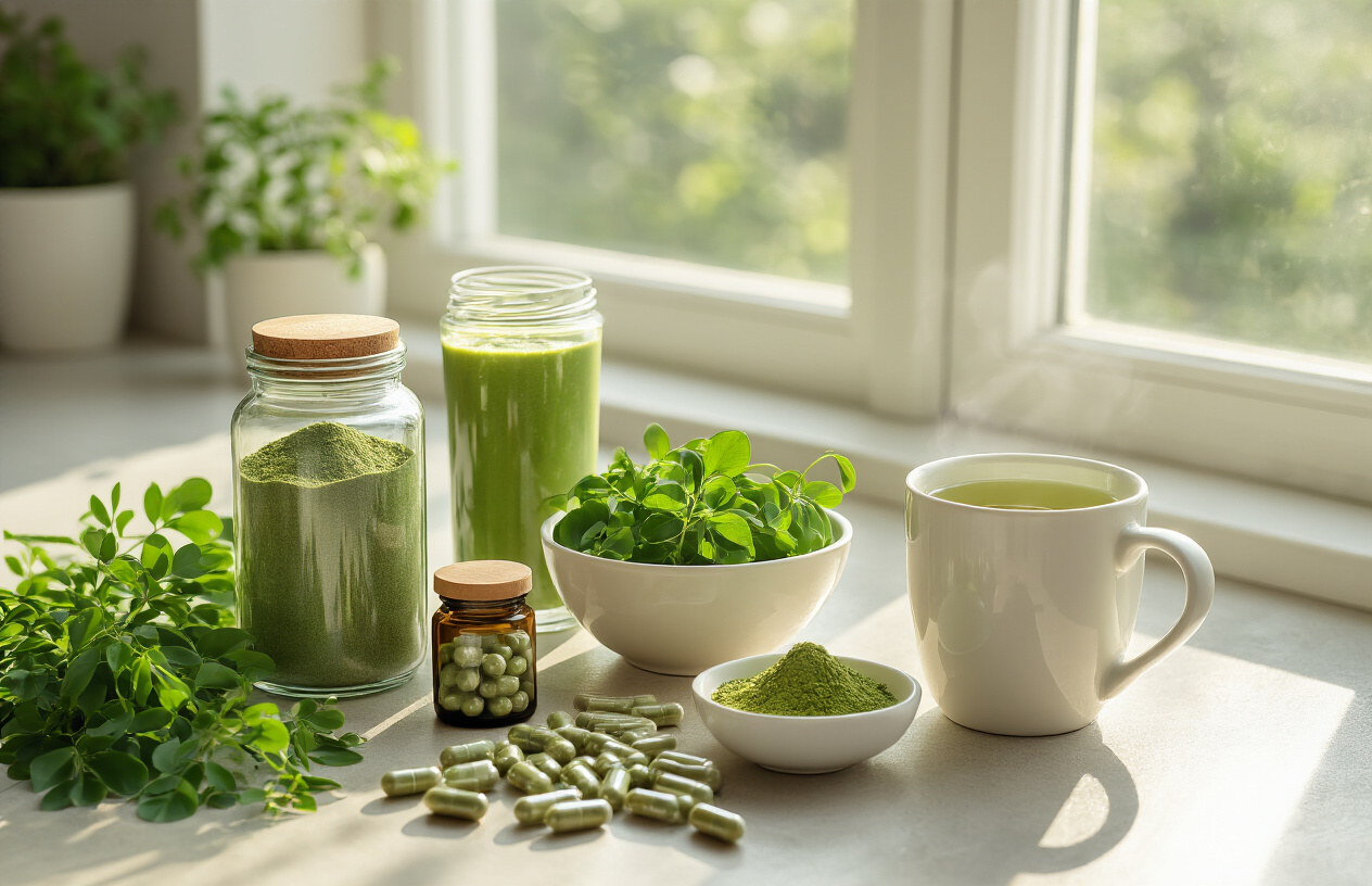 Create a realistic image of a modern kitchen counter displaying various moringa products including moringa powder in a glass jar, moringa capsules in a small bottle, fresh moringa leaves in a bowl, a green smoothie in a tall glass, and moringa tea in a white ceramic mug, with natural morning sunlight streaming through a window creating a healthy and inviting atmosphere, absolutely NO text should be in the scene.
