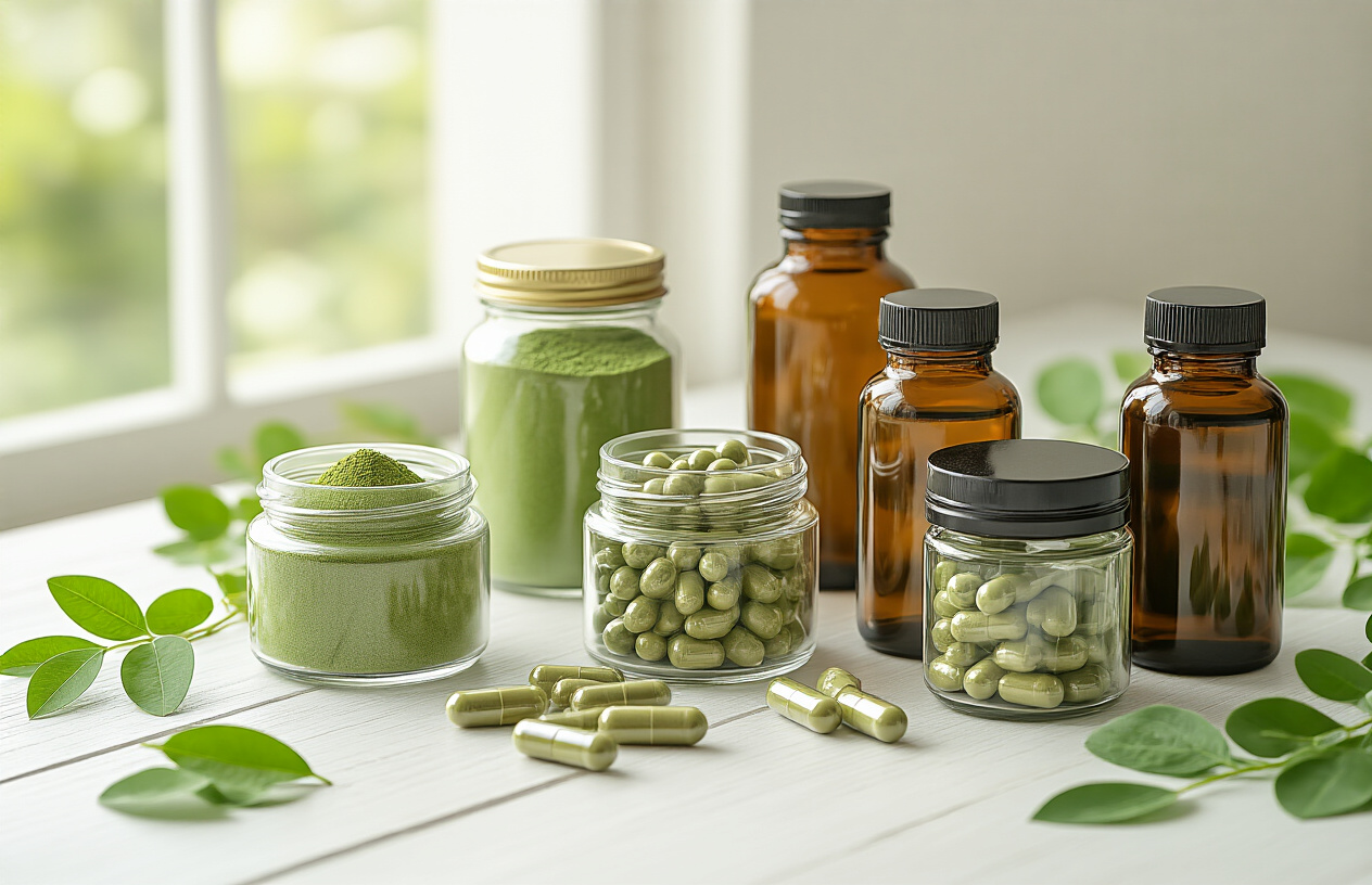 Create a realistic image of various high-quality moringa products arranged on a clean white wooden table, including moringa powder in clear glass jars, moringa capsules in amber bottles, dried moringa leaves in transparent containers, and moringa oil in dark glass bottles, with fresh green moringa leaves scattered around the products, soft natural lighting from a window creating gentle shadows, warm and inviting atmosphere suggesting health and wellness, absolutely NO text should be in the scene.