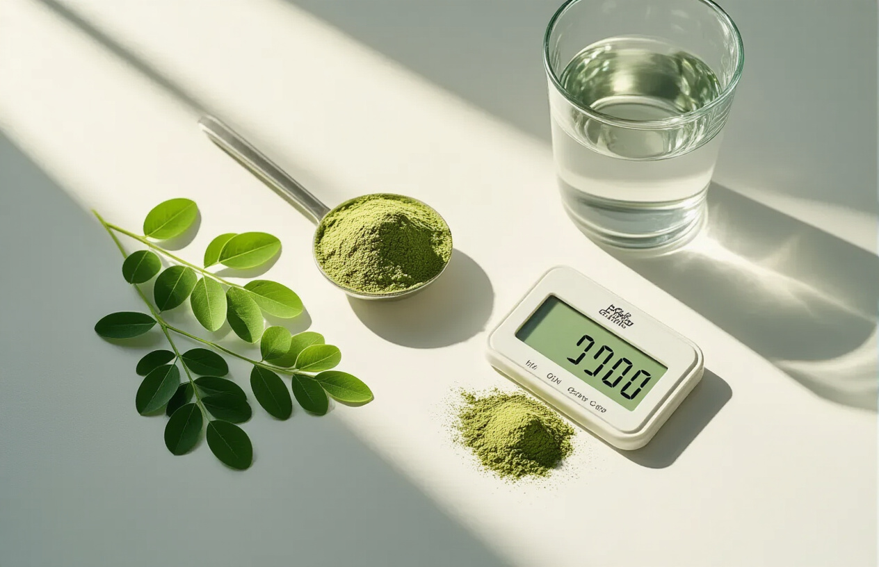 Create a realistic image of moringa leaves and powder arranged on a clean white surface with a digital scale showing measured portions, alongside a glass of water and a small warning symbol or caution icon, with soft natural lighting from above creating gentle shadows, conveying a sense of careful measurement and responsible usage, absolutely NO text should be in the scene.