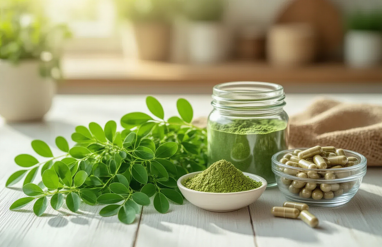Create a realistic image of fresh green moringa leaves arranged beautifully on a clean white wooden table surface alongside various moringa products including powder in a glass jar, capsules in a small bowl, and dried moringa leaves, with soft natural lighting streaming from the left side creating gentle shadows, a blurred kitchen background with warm earth tones, conveying a sense of health, wellness, and natural living, shot from a slightly elevated angle to showcase all elements clearly, with a peaceful and inviting mood that suggests the completion of a wellness journey, absolutely NO text should be in the scene.