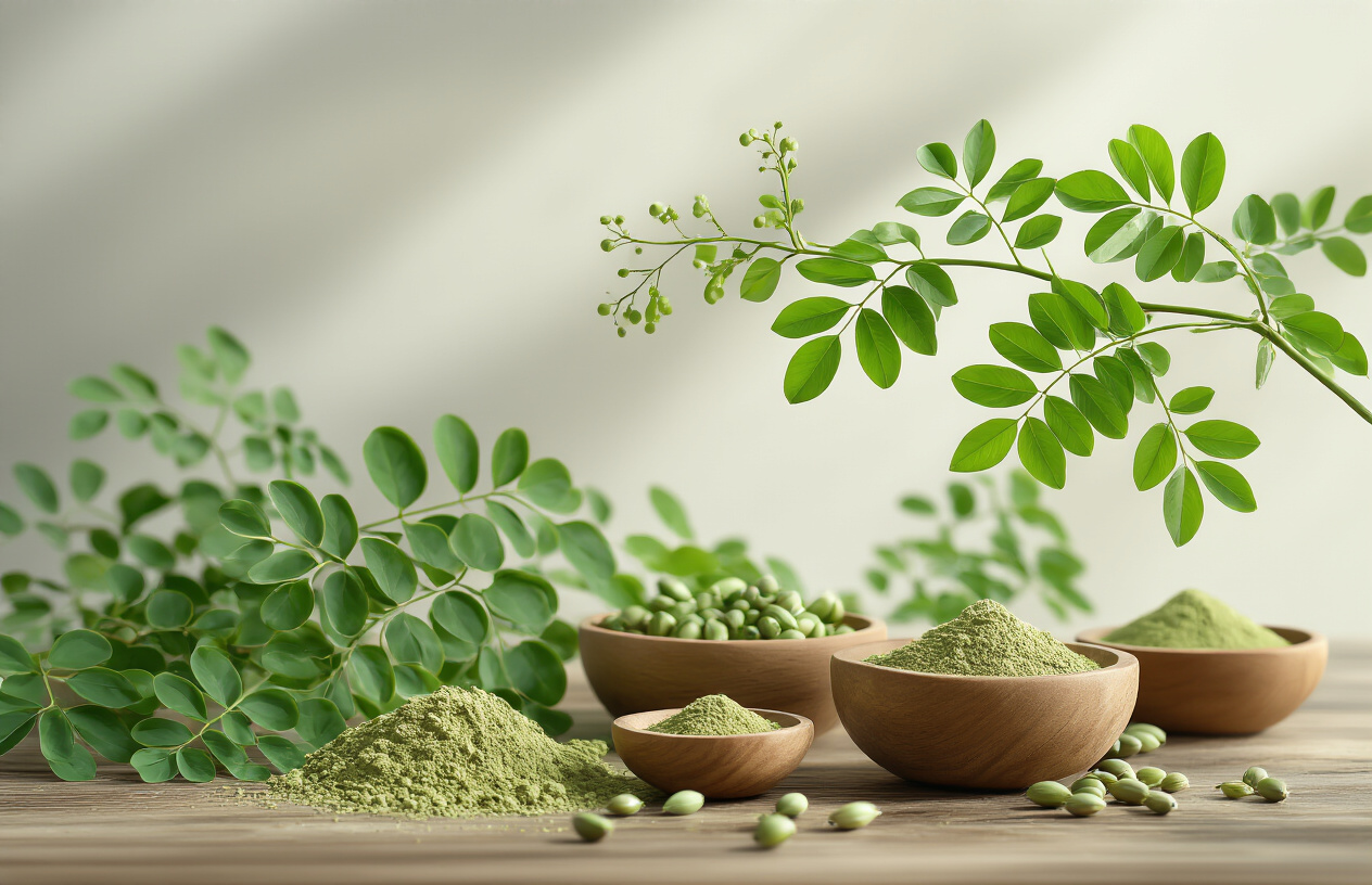 Create a realistic image of fresh green moringa leaves on branches in the foreground with moringa seed pods visible, placed on a natural wooden surface, with soft natural lighting from the side creating gentle shadows, surrounded by scattered moringa seeds and powder in small wooden bowls, set against a clean white background that fades softly, conveying a fresh and educational atmosphere about natural superfoods, absolutely NO text should be in the scene.