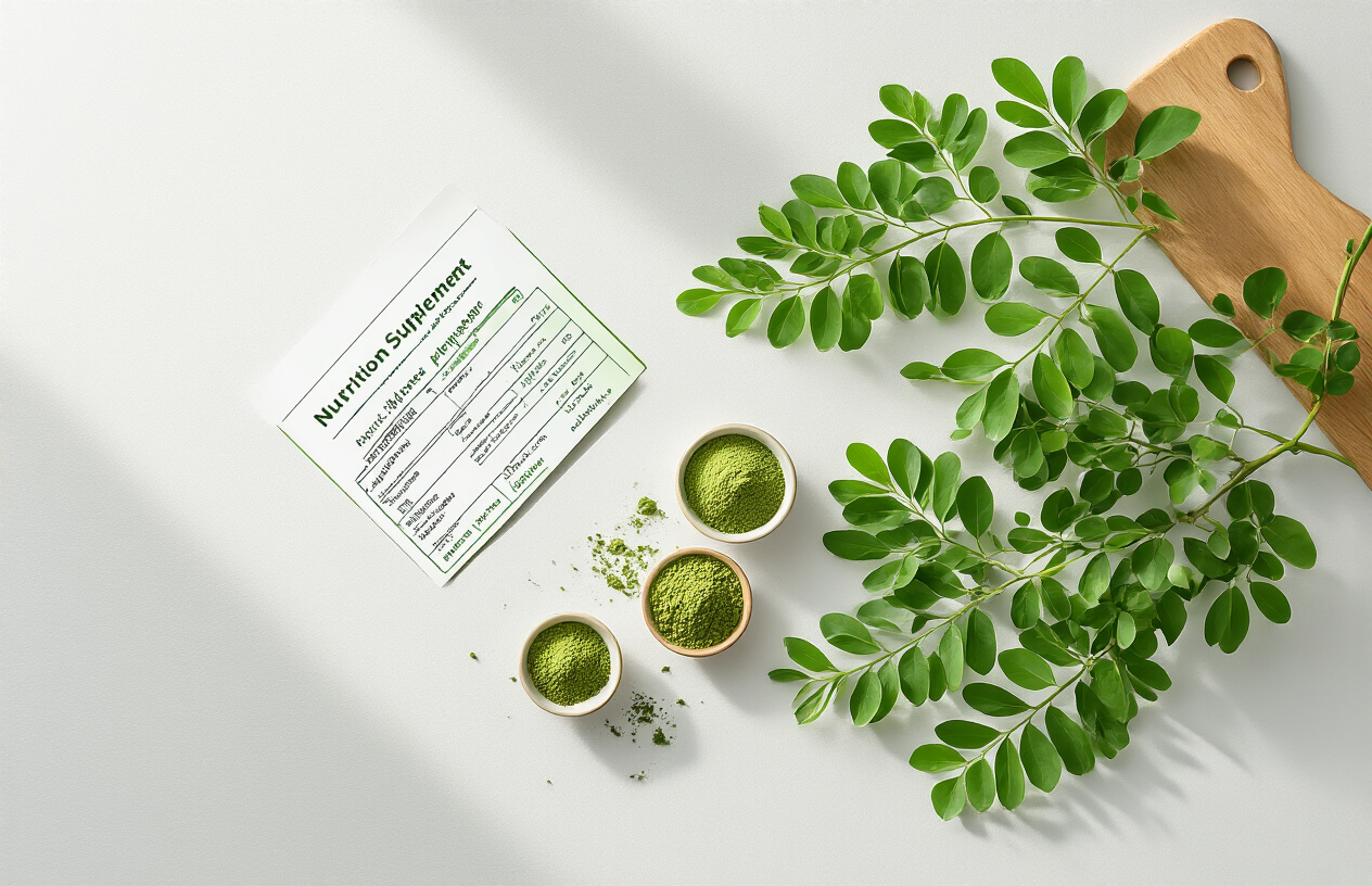 Create a realistic image of fresh green moringa leaves arranged on a clean white surface with small bowls containing moringa powder and dried moringa leaves, accompanied by a nutrition facts chart or dietary supplement information card visible in the background, soft natural lighting from above creating gentle shadows, clean and scientific laboratory-style setting with a wooden cutting board, moringa tree branch with vibrant green compound leaves prominently displayed, emphasizing the natural and nutritional aspects of the superfood, absolutely NO text should be in the scene.