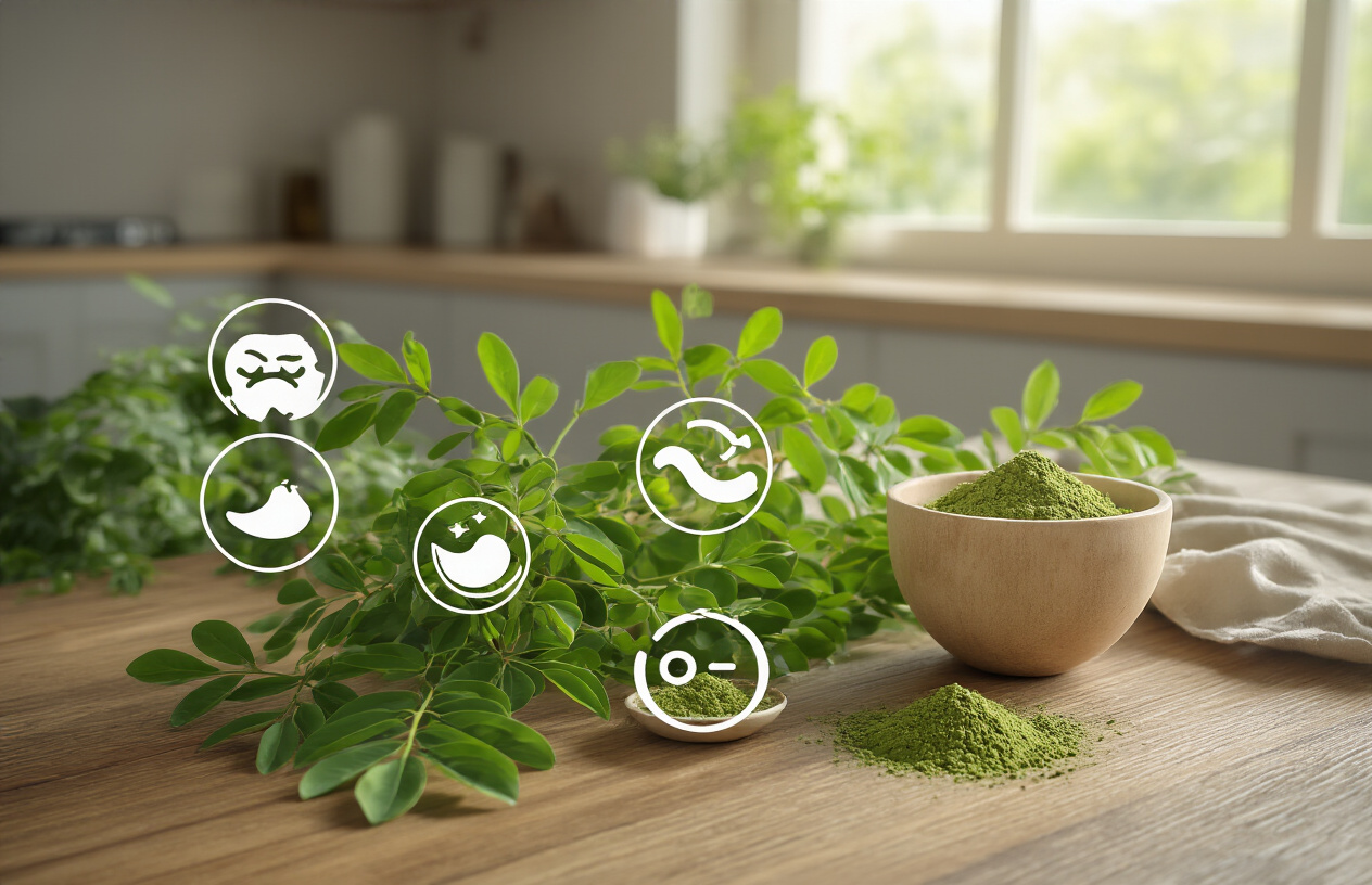 Create a realistic image of a wooden table displaying fresh green moringa leaves alongside common side effect symbols including a stomach icon, nausea representation with a queasy expression symbol, and digestive discomfort indicators, with scattered moringa leaf powder in a small bowl, soft natural lighting from a window, clean modern kitchen background with neutral tones, emphasizing the contrast between the natural superfood and potential health concerns, absolutely NO text should be in the scene.