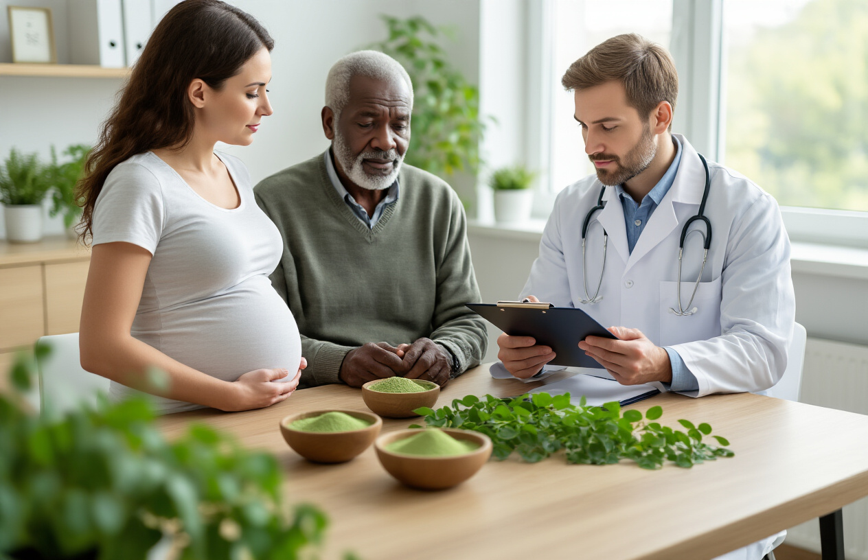 Create a realistic image of a diverse group of people including a pregnant white woman, an elderly black man, and a middle-aged white male doctor in a white coat holding a clipboard, all gathered around a wooden table with fresh green moringa leaves and moringa powder in small bowls, set in a bright modern medical consultation room with natural lighting from large windows, conveying a cautionary discussion atmosphere about health supplements, with concerned but attentive expressions on their faces, absolutely NO text should be in the scene.