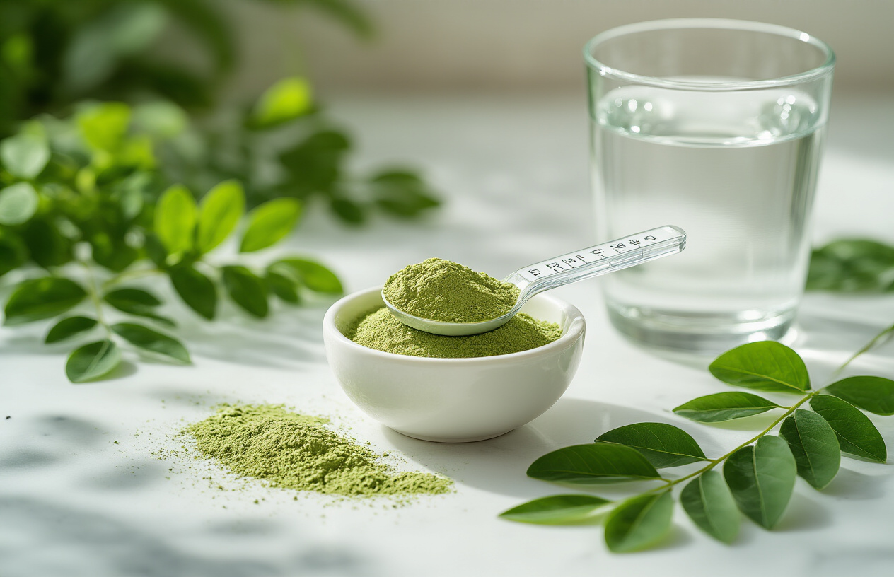 Create a realistic image of moringa leaf powder in a clear measuring spoon positioned above a small white ceramic bowl, with fresh green moringa leaves scattered around the scene, a glass of water nearby, and a subtle measurement scale or dosing guidelines chart visible in the soft-focused background, all arranged on a clean white marble surface with natural daylight creating gentle shadows, conveying a sense of careful measurement and health consciousness, absolutely NO text should be in the scene.