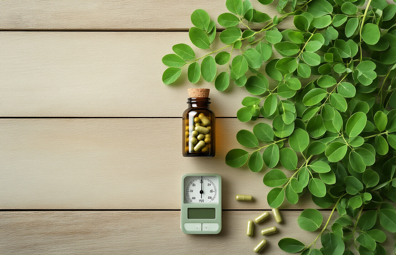 Create a realistic image of fresh green moringa leaves arranged on one side of a wooden surface with a small glass bottle of moringa supplement capsules on the other side, a digital scale in the center showing balanced measurement, soft natural lighting from above, clean minimalist background with white and light green tones suggesting health and balance, absolutely NO text should be in the scene.
