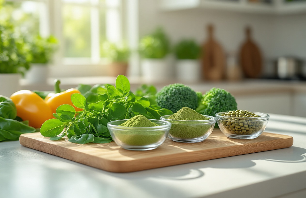 Create a realistic image of fresh moringa leaves arranged on a wooden cutting board with small glass bowls containing moringa powder, dried moringa leaves, and moringa seeds, alongside colorful fresh vegetables like spinach, kale, and broccoli for nutritional comparison, set on a clean white kitchen counter with natural daylight streaming through a nearby window, creating soft shadows and highlighting the vibrant green colors of the superfoods, with a modern kitchen blurred softly in the background. Absolutely NO text should be in the scene.