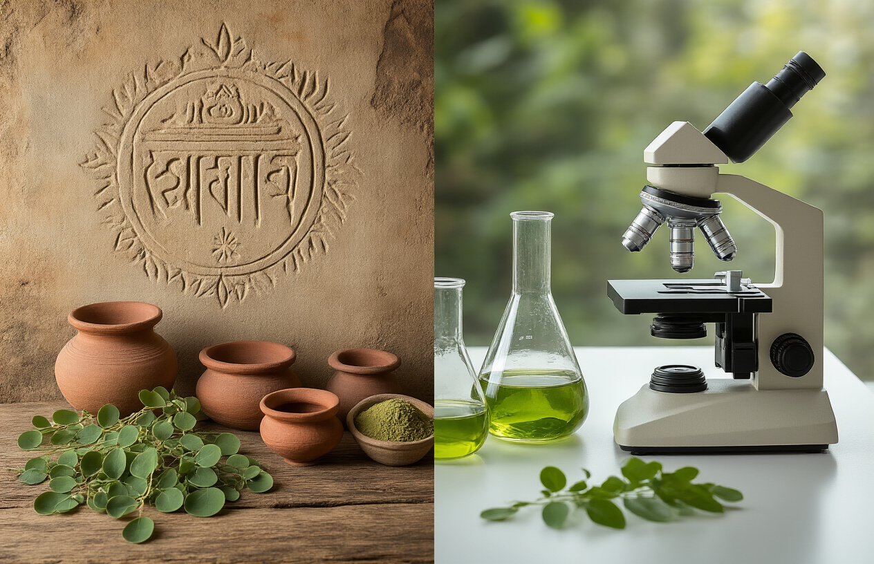 Create a realistic image of a split composition showing ancient and modern elements side by side: on the left, dried moringa leaves and pods arranged on aged wooden surface with traditional clay bowls and ancient Sanskrit or tribal symbols carved into stone, on the right, a modern laboratory setting with fresh moringa leaves under a microscope, scientific glass beakers with green extracts, and digital research equipment, soft natural lighting from the left transitioning to clean white LED lighting on the right, earthy tones blending into clinical modern colors, creating a harmonious bridge between traditional wisdom and contemporary scientific research. Absolutely NO text should be in the scene.