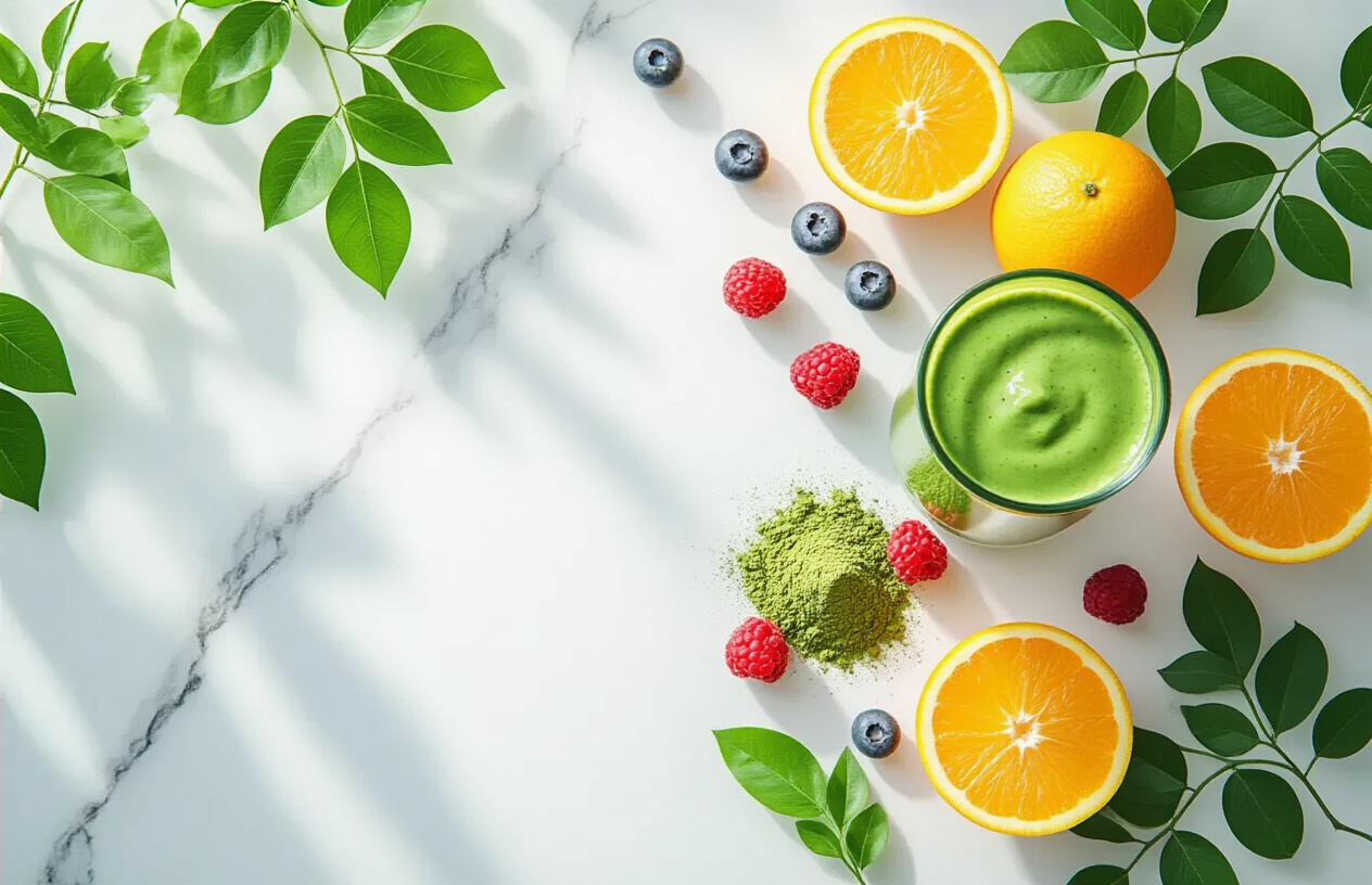 Create a realistic image of vibrant green moringa leaves and powder scattered on a clean white marble surface alongside fresh fruits like oranges and berries, with a glass of green smoothie, soft natural lighting from above creating gentle shadows, warm and healthy atmosphere suggesting wellness and vitality, absolutely NO text should be in the scene.