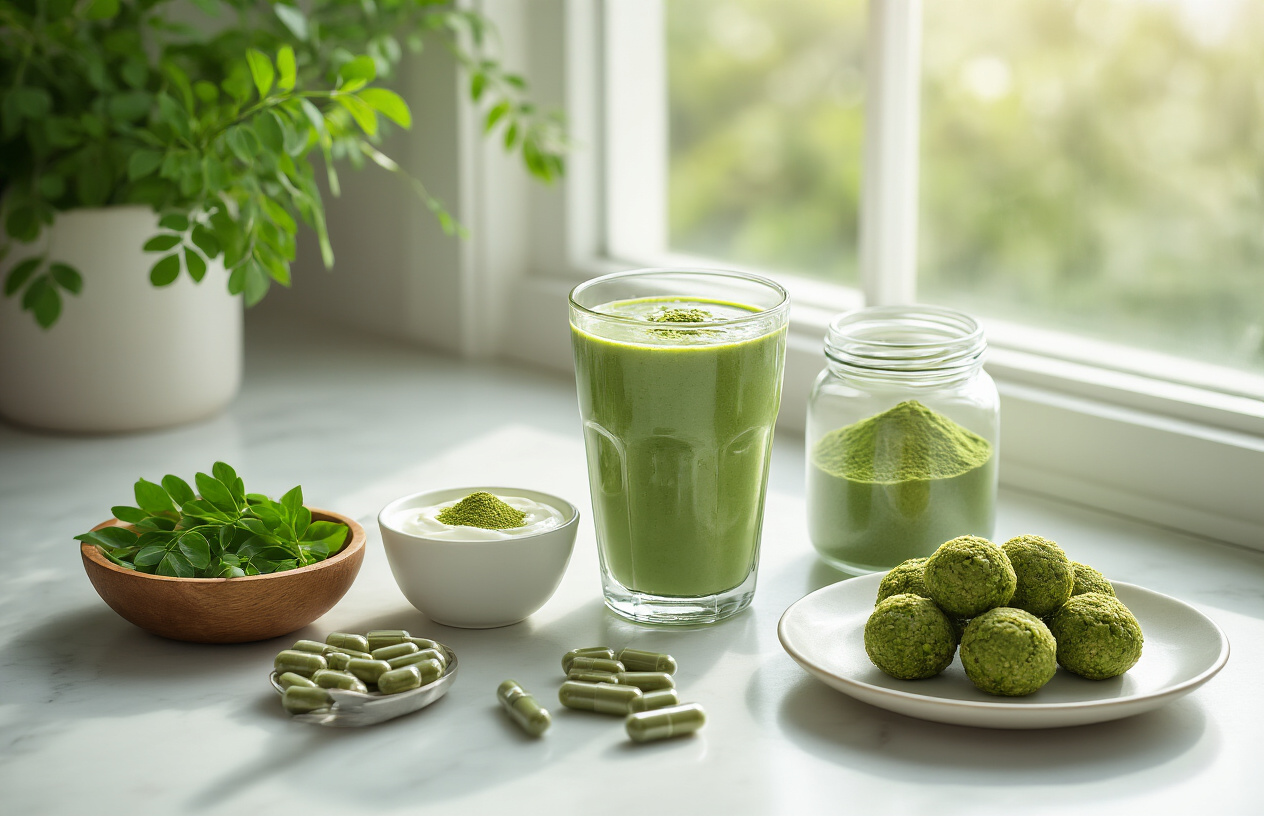 Create a realistic image of a modern kitchen counter displaying various simple ways to use moringa powder, featuring a glass of green moringa smoothie, a bowl of yogurt with moringa powder sprinkled on top, moringa capsules in a small dish, fresh moringa leaves in a wooden bowl, a jar of moringa powder with a measuring spoon, and a plate with moringa-infused energy balls, all arranged on a clean white marble countertop with natural morning sunlight streaming through a nearby window, creating a fresh and healthy lifestyle atmosphere, absolutely NO text should be in the scene.