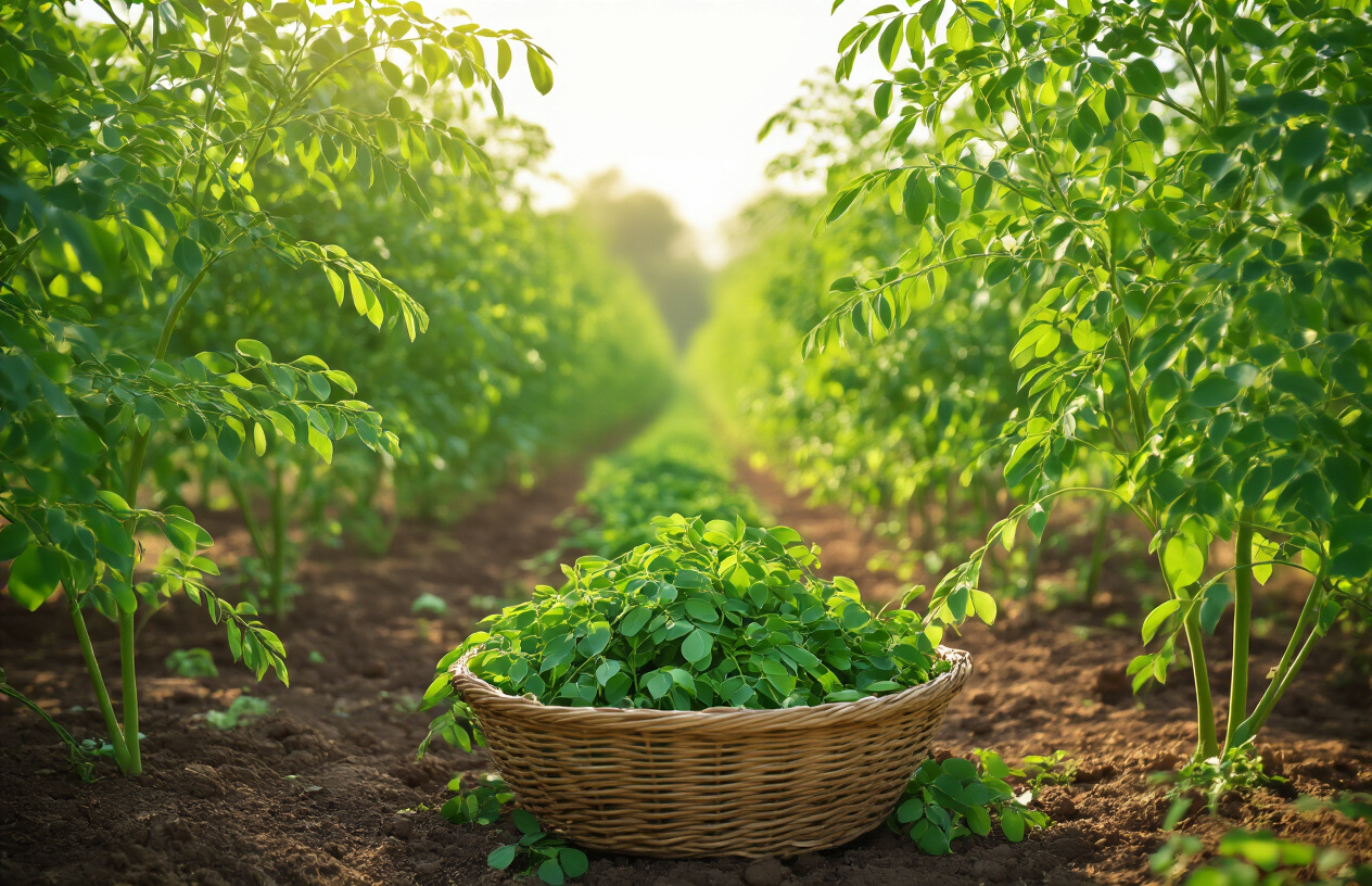 Create a realistic image of a thriving moringa plantation with tall moringa trees featuring distinctive compound leaves and slender pods, showing a close-up view of healthy moringa plants in the foreground with their characteristic small leaflets clearly visible, set against rows of mature moringa trees stretching into the background under bright natural sunlight, with rich fertile soil visible at the base of the plants and some freshly harvested moringa leaves in a woven basket placed near the plants, captured in warm golden hour lighting that emphasizes the vibrant green colors of the leaves and the agricultural setting. Absolutely NO text should be in the scene.
