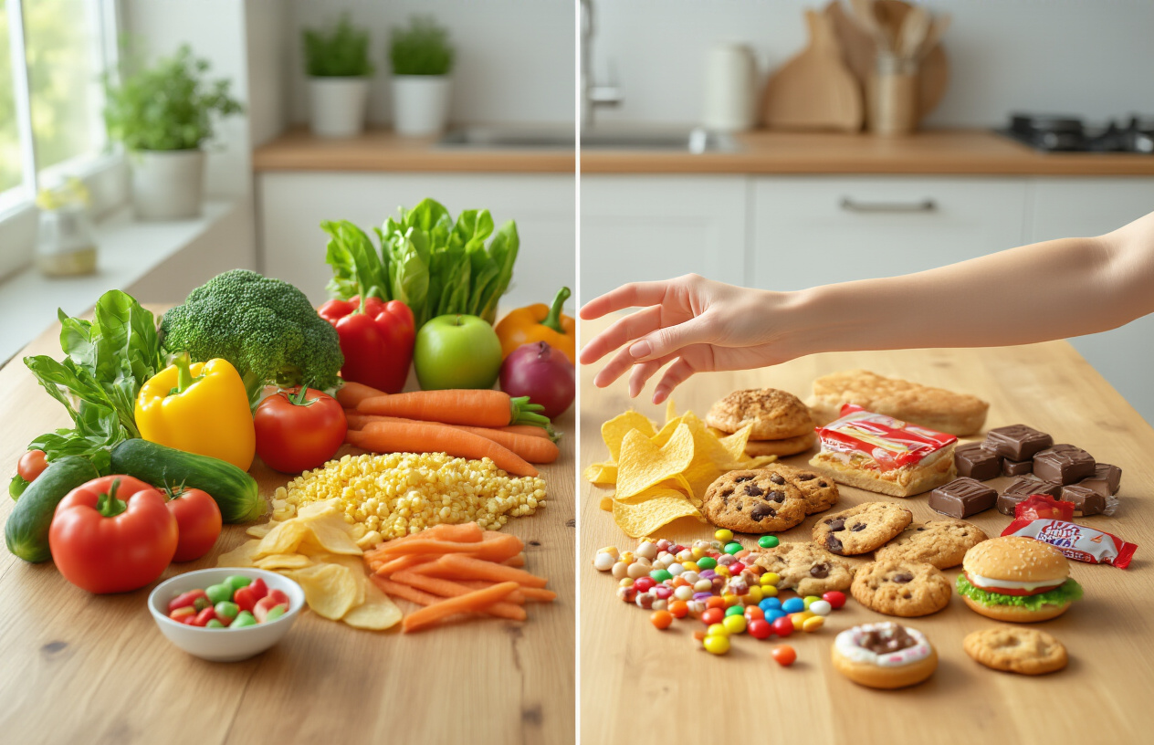 Create a realistic image of a split-scene composition showing the contrast between healthy eating and food cravings, featuring a wooden kitchen table with fresh vegetables, fruits, and healthy foods on one side, and processed junk foods like chips, cookies, candy, and fast food items on the other side, with a white female hand reaching hesitantly between both options, set in a bright modern kitchen with natural lighting from a window, creating a contemplative mood that illustrates the internal struggle with food choices and their impact on weight management, with soft shadows and warm lighting, absolutely NO text should be in the scene.