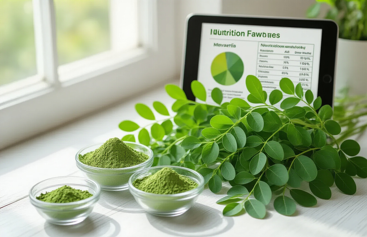 Create a realistic image of fresh green moringa leaves arranged artfully on a clean white wooden surface alongside small glass bowls containing moringa powder, with a nutrition facts chart or nutritional breakdown visualization displayed on a tablet screen in the background, soft natural lighting from a window creating gentle shadows, emphasizing the vibrant green color of the moringa and creating a clean, health-focused atmosphere that suggests appetite control and nutritional benefits, absolutely NO text should be in the scene.