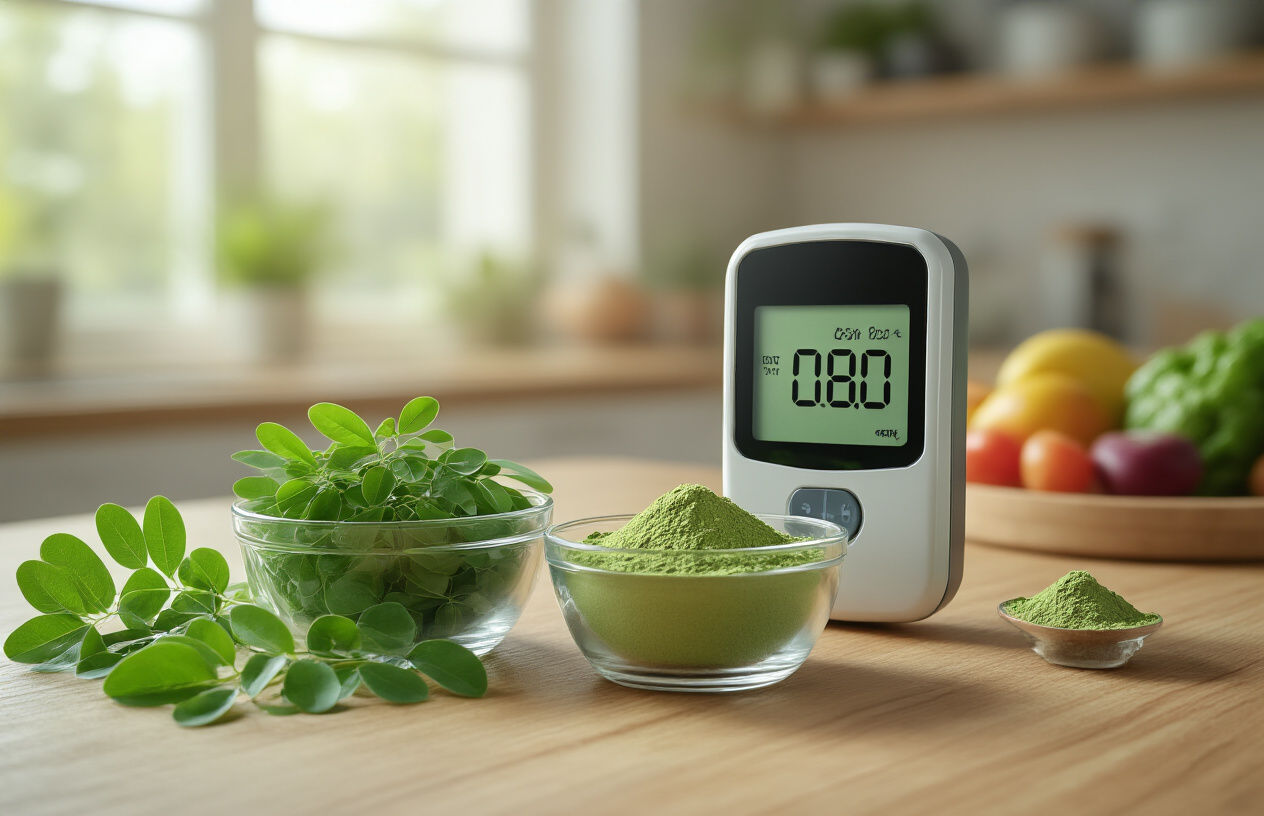 Create a realistic image of fresh green moringa leaves and powder in glass bowls on a wooden table next to a modern blood glucose meter displaying normal readings, with a subtle background showing a kitchen counter with healthy foods like vegetables and fruits, soft natural lighting from a window creating a clean and health-focused atmosphere, absolutely NO text should be in the scene.