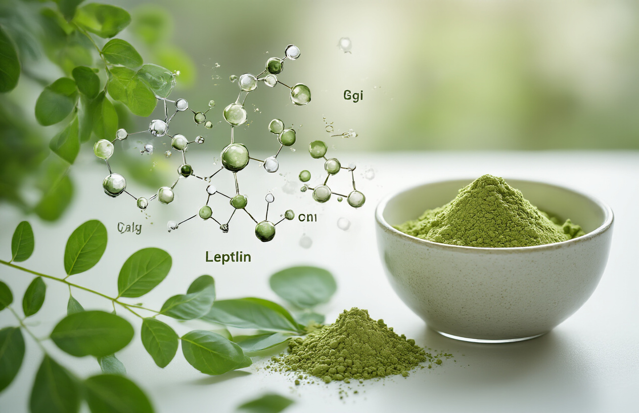 Create a realistic image of moringa leaves and powder arranged alongside a scientific diagram showing hormone balance, featuring floating molecular structures representing hunger hormones like ghrelin and leptin, with a clean white laboratory background, soft natural lighting, and a calm, educational mood that conveys the scientific connection between moringa and appetite regulation, absolutely NO text should be in the scene.