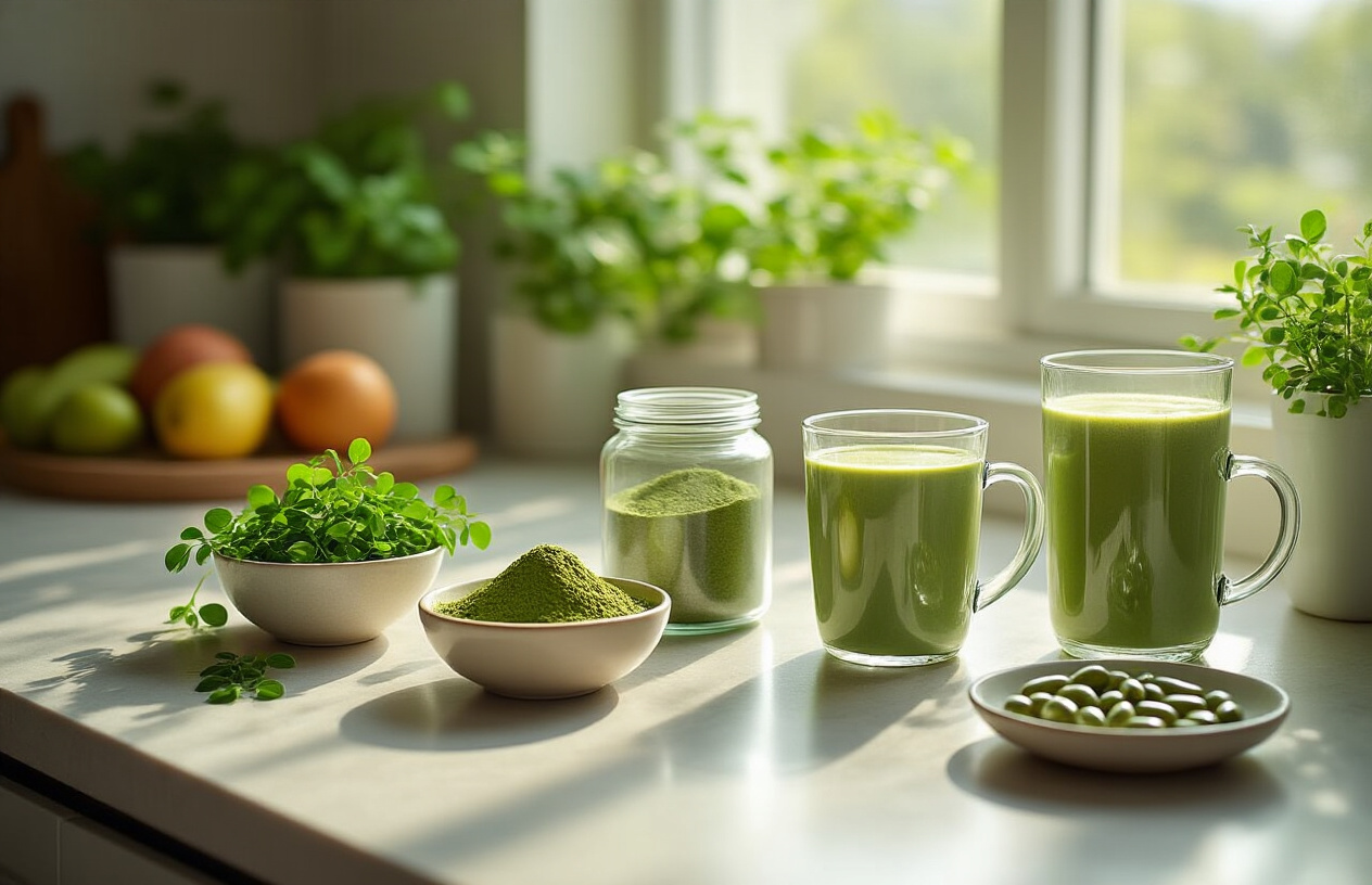 Create a realistic image of a bright, clean kitchen counter with various practical moringa preparations displayed: fresh moringa leaves in a small bowl, moringa powder in a clear glass jar, moringa tea in a transparent mug, moringa smoothie in a glass, and moringa capsules in a small dish, with soft natural lighting from a nearby window creating a healthy, wellness-focused atmosphere, surrounded by subtle green plants and fresh fruits in the background. Absolutely NO text should be in the scene.