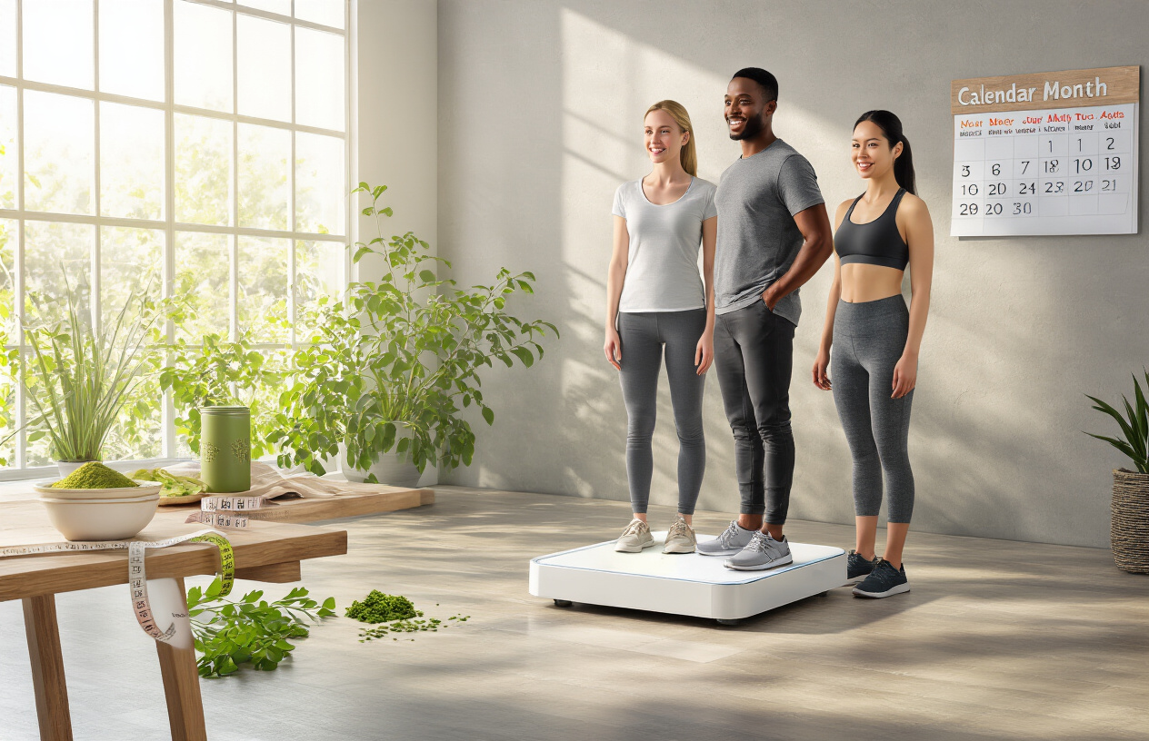 Create a realistic image of a diverse group of three people - a white female, black male, and Asian female - standing confidently on a modern digital scale in a bright, clean fitness environment, with a calendar showing progressive months on the wall behind them, healthy moringa leaves and powder scattered on a nearby wooden table, a measuring tape draped casually nearby, and natural sunlight streaming through large windows creating an optimistic and encouraging atmosphere. Absolutely NO text should be in the scene.