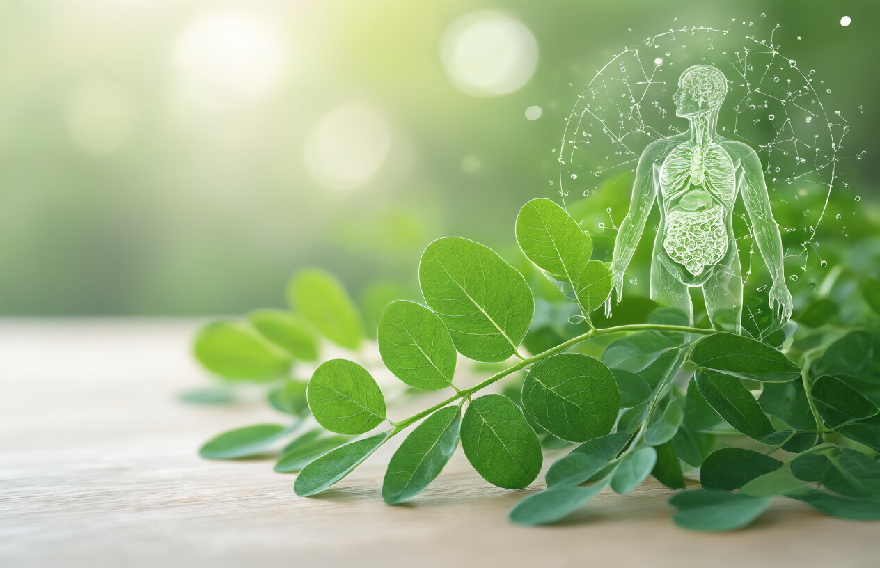 Create a realistic image of fresh green Moringa leaves in sharp focus in the foreground with a subtle background showing a human immune system illustration or diagram, soft natural lighting highlighting the vibrant green texture and details of the Moringa leaves, creating a clean and scientific atmosphere that conveys health and wellness, with gentle bokeh effect in the background, absolutely NO text should be in the scene.