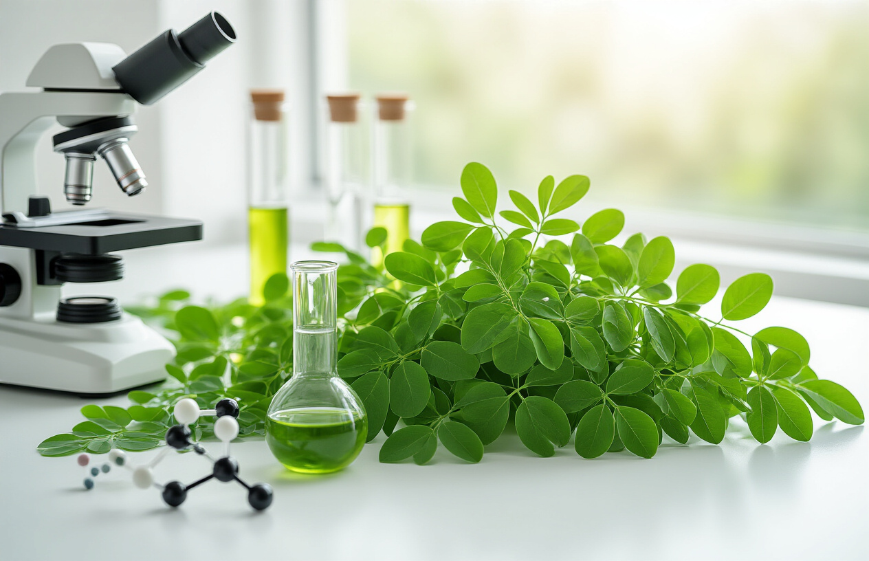 Create a realistic image of fresh green moringa leaves arranged on a clean white laboratory table alongside scientific equipment including a microscope, test tubes with green plant extracts, and molecular structure models, with soft natural lighting from a window creating a professional research environment that conveys scientific credibility and natural health benefits, absolutely NO text should be in the scene.