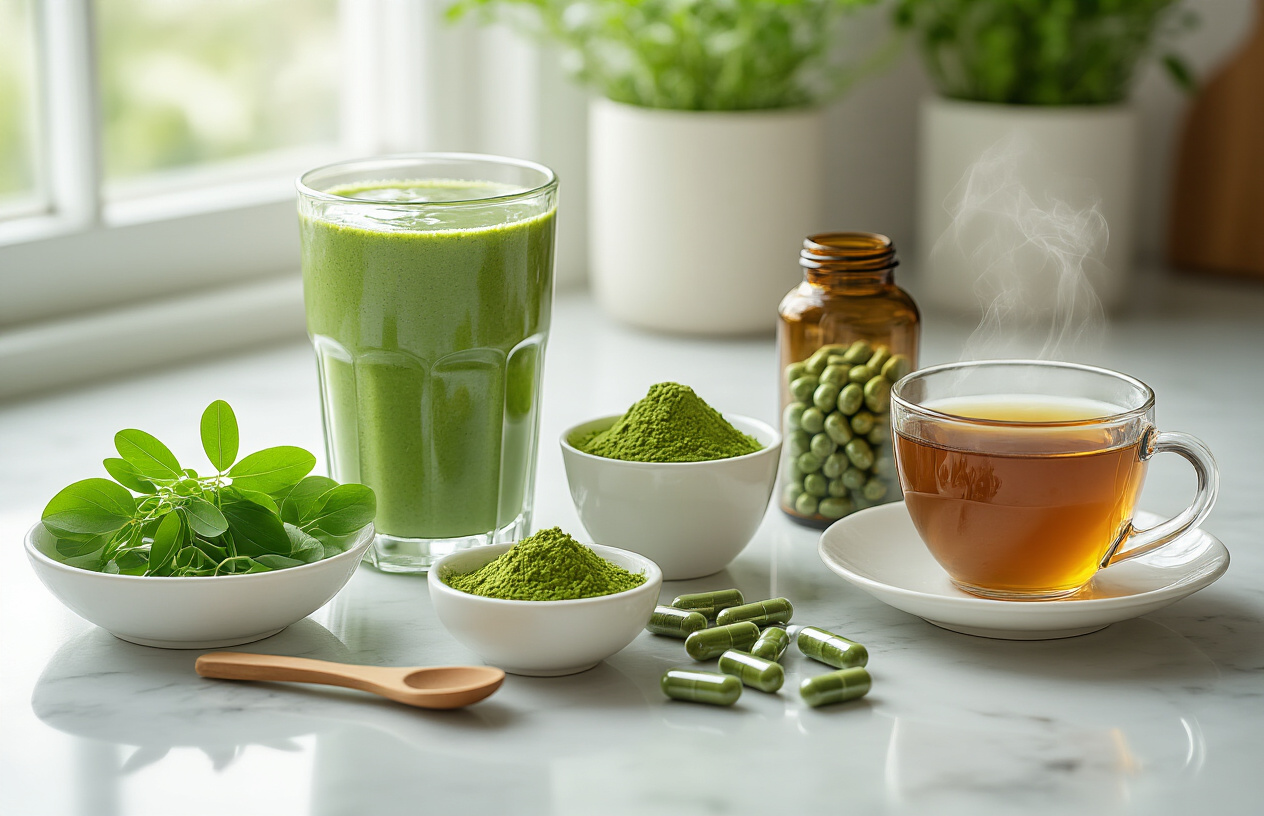 Create a realistic image of a kitchen counter with various moringa consumption methods displayed including a glass of green moringa smoothie, moringa powder in a small bowl with a wooden spoon, fresh moringa leaves in a white ceramic dish, moringa capsules spilled from an open bottle, and a cup of hot moringa tea with steam rising, all arranged on a clean marble countertop with soft natural lighting from a nearby window, creating a healthy and inviting atmosphere, absolutely NO text should be in the scene.