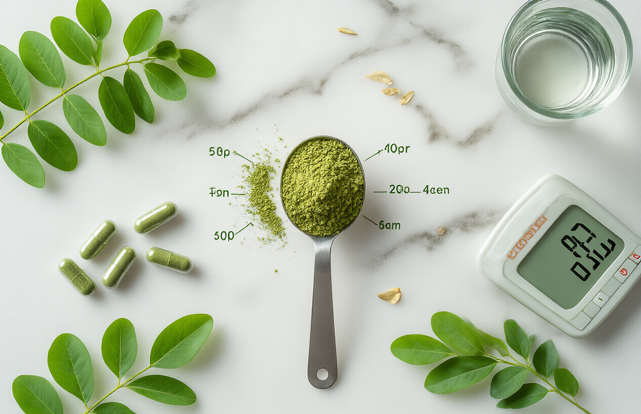 Create a realistic image of moringa powder in a measuring spoon with precise measurement markings, surrounded by fresh green moringa leaves, moringa capsules in different dosages, a small glass of water, and a digital scale showing optimal portions, all arranged on a clean white marble surface with soft natural lighting from above, emphasizing precision and health optimization, absolutely NO text should be in the scene.