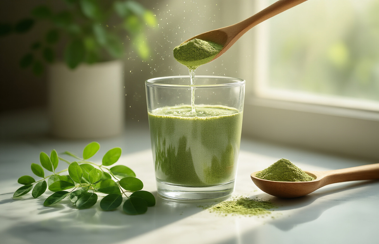 Create a realistic image of moringa powder in a clear glass being mixed with water, with vitamin absorption concept illustrated through subtle light rays emanating from the glass, fresh moringa leaves scattered around the base, a wooden spoon stirring the mixture, soft natural lighting from the side creating gentle shadows, clean white marble countertop background, morning sunlight streaming through a nearby window, emphasizing the natural enhancement of nutrient bioavailability, absolutely NO text should be in the scene.