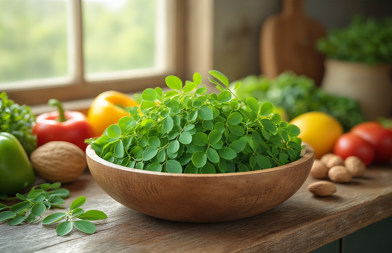 Create a realistic image of fresh moringa leaves in a wooden bowl placed on a rustic kitchen counter, surrounded by colorful nutritious foods including fresh vegetables, fruits, and nuts, with soft natural lighting streaming through a window, showcasing the vibrant green moringa as the centerpiece among other healthy ingredients, creating a warm and inviting atmosphere that emphasizes natural nutrition and wellness, absolutely NO text should be in the scene.