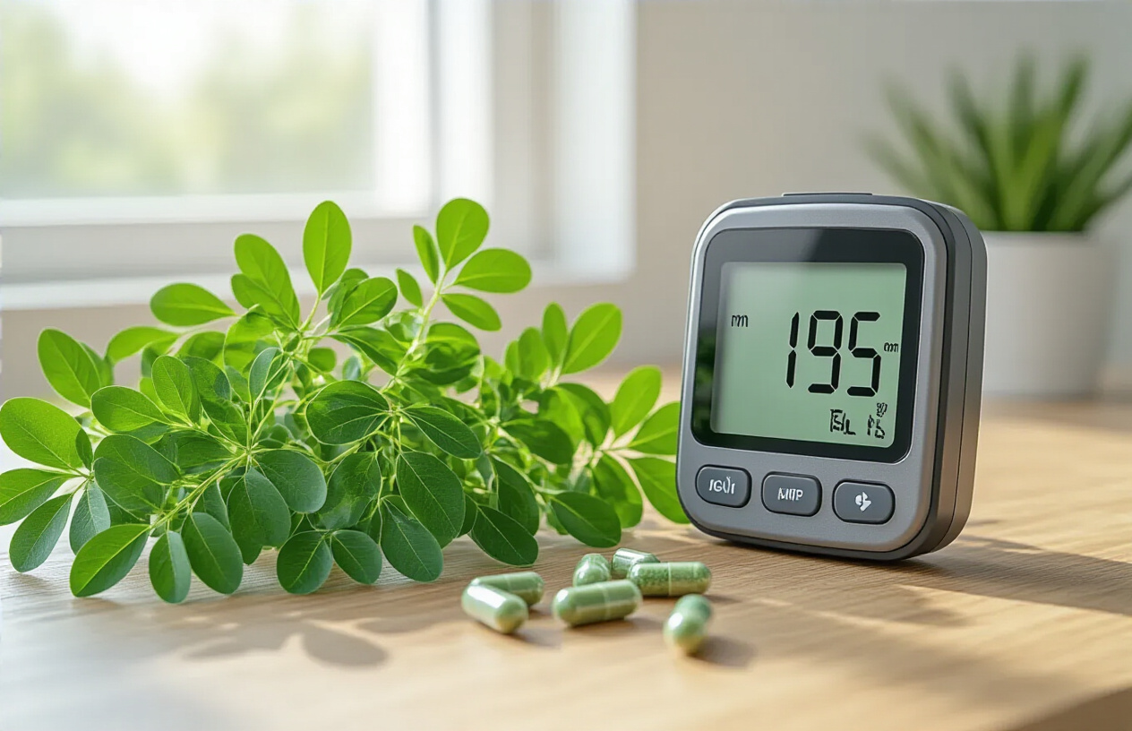 Create a realistic image of fresh green moringa leaves arranged on a wooden surface next to a modern digital blood glucose meter displaying normal readings, with a few moringa powder capsules scattered nearby, soft natural lighting from a window creating gentle shadows, clean medical consultation room background with white walls, emphasizing the connection between natural moringa supplements and blood sugar monitoring for diabetes management, absolutely NO text should be in the scene.