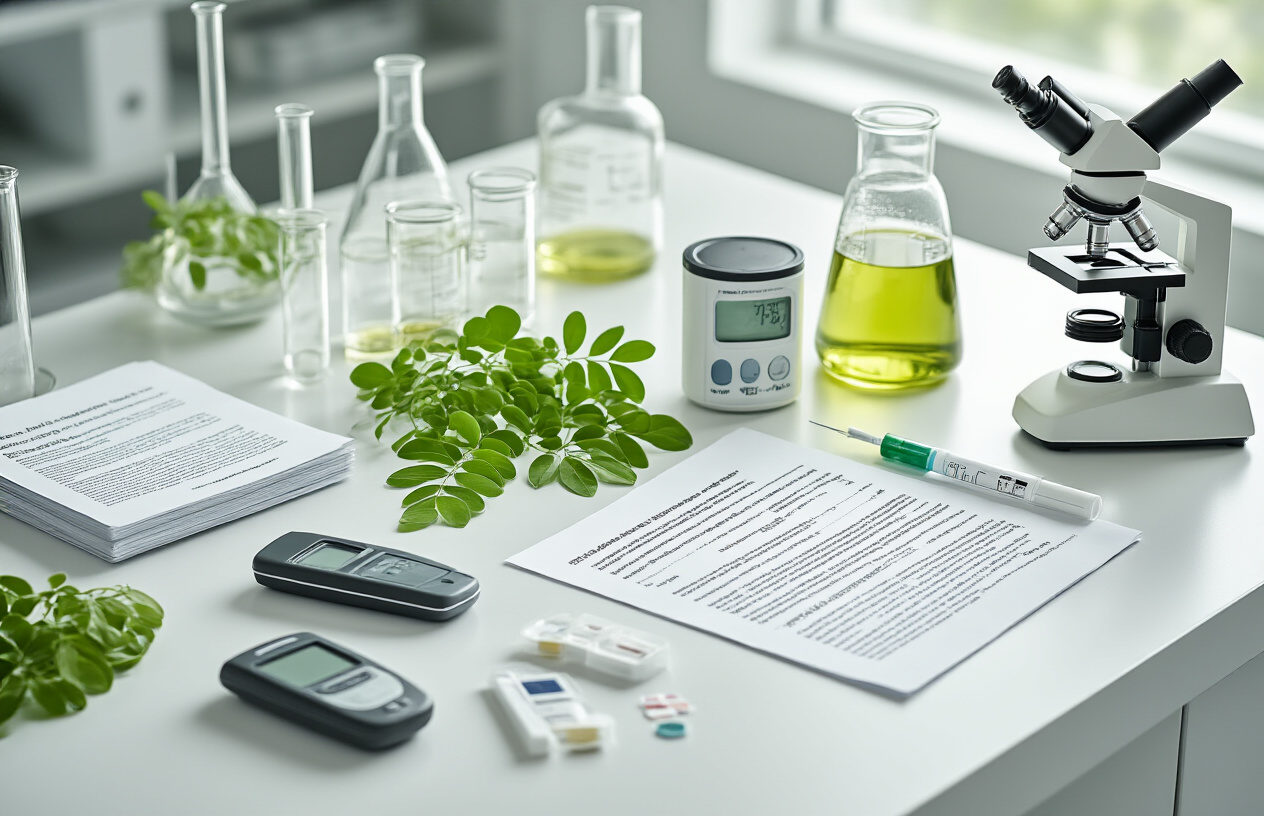 Create a realistic image of a modern scientific laboratory setting with moringa leaves and powder samples displayed on a clean white laboratory bench, alongside diabetes testing equipment including a glucose meter, test strips, and blood sugar monitoring devices, with scientific research papers and documents scattered nearby, complemented by glass beakers containing moringa extracts, a microscope in the background, and soft fluorescent lighting creating a professional medical research atmosphere, absolutely NO text should be in the scene.