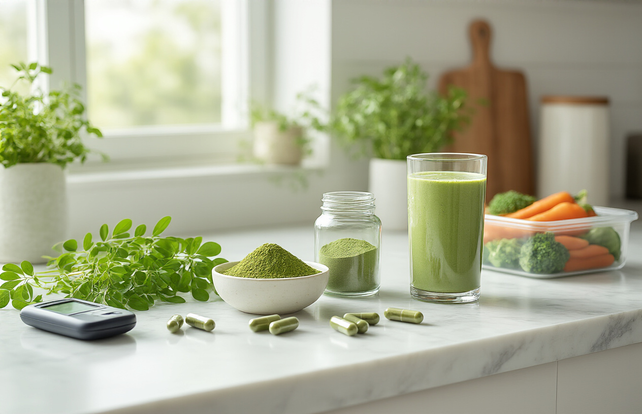 Create a realistic image of a clean, modern kitchen counter scene featuring various moringa products including fresh green moringa leaves in a small bowl, moringa powder in a glass jar, moringa capsules in a pill bottle, and a glass of green moringa smoothie, alongside diabetes management items like a blood glucose meter and a healthy meal prep container with vegetables, all arranged on a white marble countertop with soft natural lighting from a nearby window, creating a calm and organized wellness atmosphere, absolutely NO text should be in the scene.