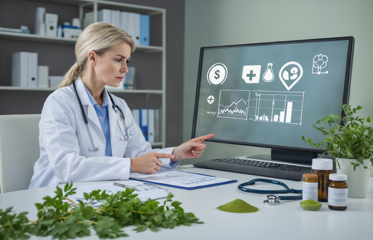 Create a realistic image of a concerned white female doctor in a white coat sitting at a medical desk, pointing to warning symbols and caution icons displayed on a tablet screen while moringa leaves and powder are scattered on the desk alongside medical charts showing blood glucose readings, prescription bottles, and a stethoscope, with soft clinical lighting in a modern medical office setting conveying a serious advisory mood about health precautions, absolutely NO text should be in the scene.