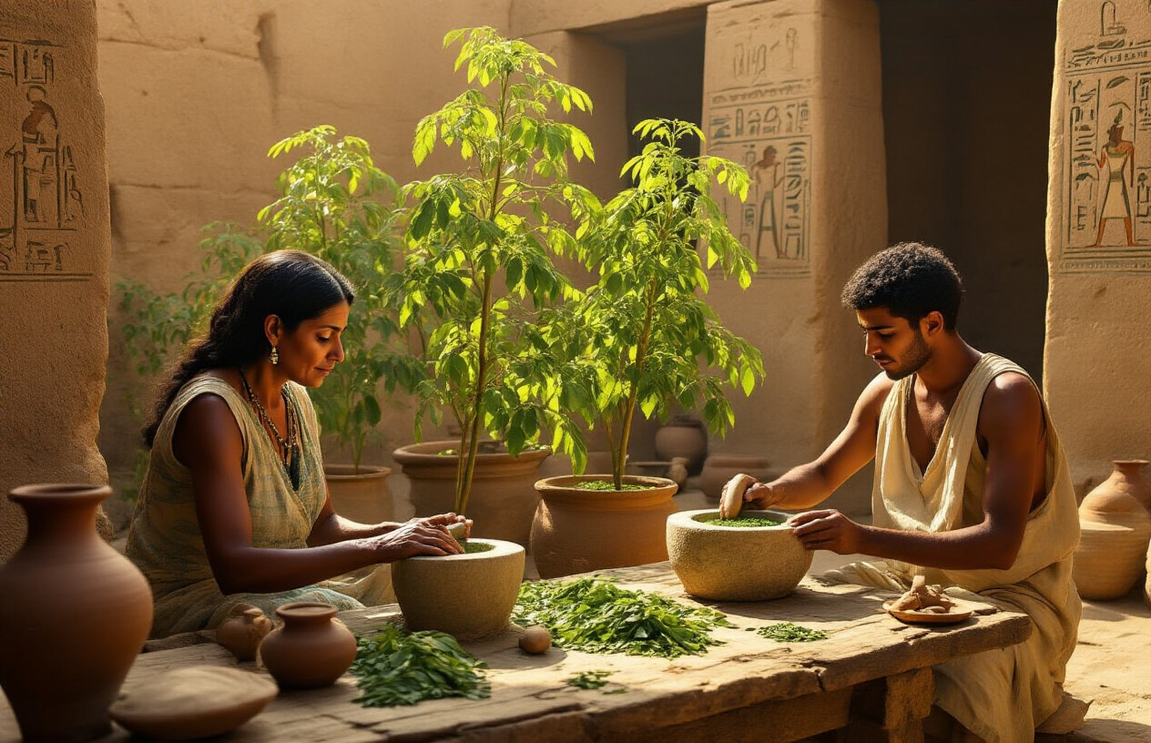 Create a realistic image of ancient Egyptian people using moringa plants in a traditional stone courtyard setting, featuring a middle-aged Egyptian woman with dark skin grinding moringa leaves using a stone mortar and pestle while a young Egyptian male with dark skin tends to tall green moringa trees in clay pots nearby, with hieroglyphic-decorated stone walls in the background, warm golden sunlight filtering through the scene creating soft shadows, dried moringa pods and fresh leaves scattered on a wooden table, ancient clay vessels and pottery arranged around the workspace, capturing the serene and purposeful atmosphere of traditional herbal medicine preparation in ancient Egypt, absolutely NO text should be in the scene.