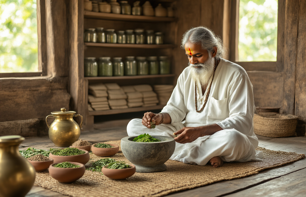 Create a realistic image of an elderly Indian male Ayurvedic practitioner in traditional white cotton clothing sitting cross-legged on a woven mat, carefully grinding fresh moringa leaves using a traditional stone mortar and pestle, surrounded by small clay bowls containing various moringa preparations including dried leaves, seeds, and powder, with brass containers and ancient Sanskrit texts on palm leaves nearby, set in a rustic wooden room with warm natural lighting filtering through a window, shelves lined with glass jars of herbs visible in the background, creating a serene and authentic traditional medicine preparation scene, absolutely NO text should be in the scene.