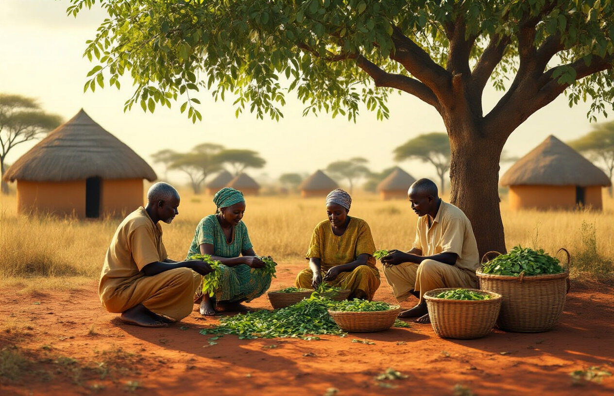 Create a realistic image of a traditional African village scene with black male and female community elders gathered around a large moringa tree, showing them harvesting moringa leaves and pods while sharing knowledge with younger community members, set against a backdrop of traditional round huts with thatched roofs, acacia trees dotting the savanna landscape, warm golden sunlight filtering through the moringa tree's delicate leaves creating dappled shadows on the red earth below, with traditional woven baskets filled with moringa leaves and pods visible in the foreground, capturing the essence of indigenous wisdom and cultural practices in a peaceful, educational atmosphere. Absolutely NO text should be in the scene.