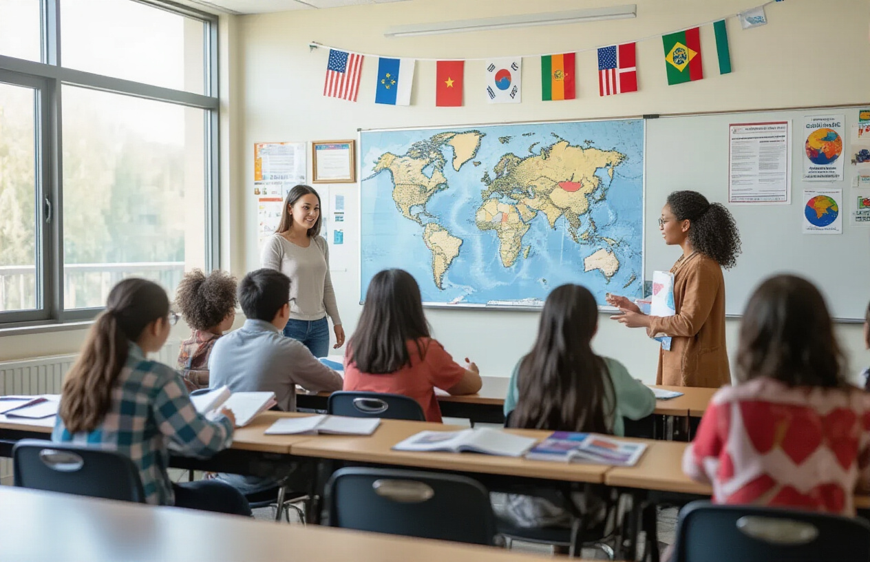 Create a realistic image of a modern classroom setting with diverse students of different races (white, black, Asian) and genders sitting at desks with Cambridge curriculum textbooks and materials open, a world map prominently displayed on the wall showing global connections, educational certificates and international flags hanging as decorations, natural lighting streaming through large windows, creating an atmosphere of academic excellence and international education, with a professional female teacher of mixed race standing near a whiteboard, absolutely NO text should be in the scene.