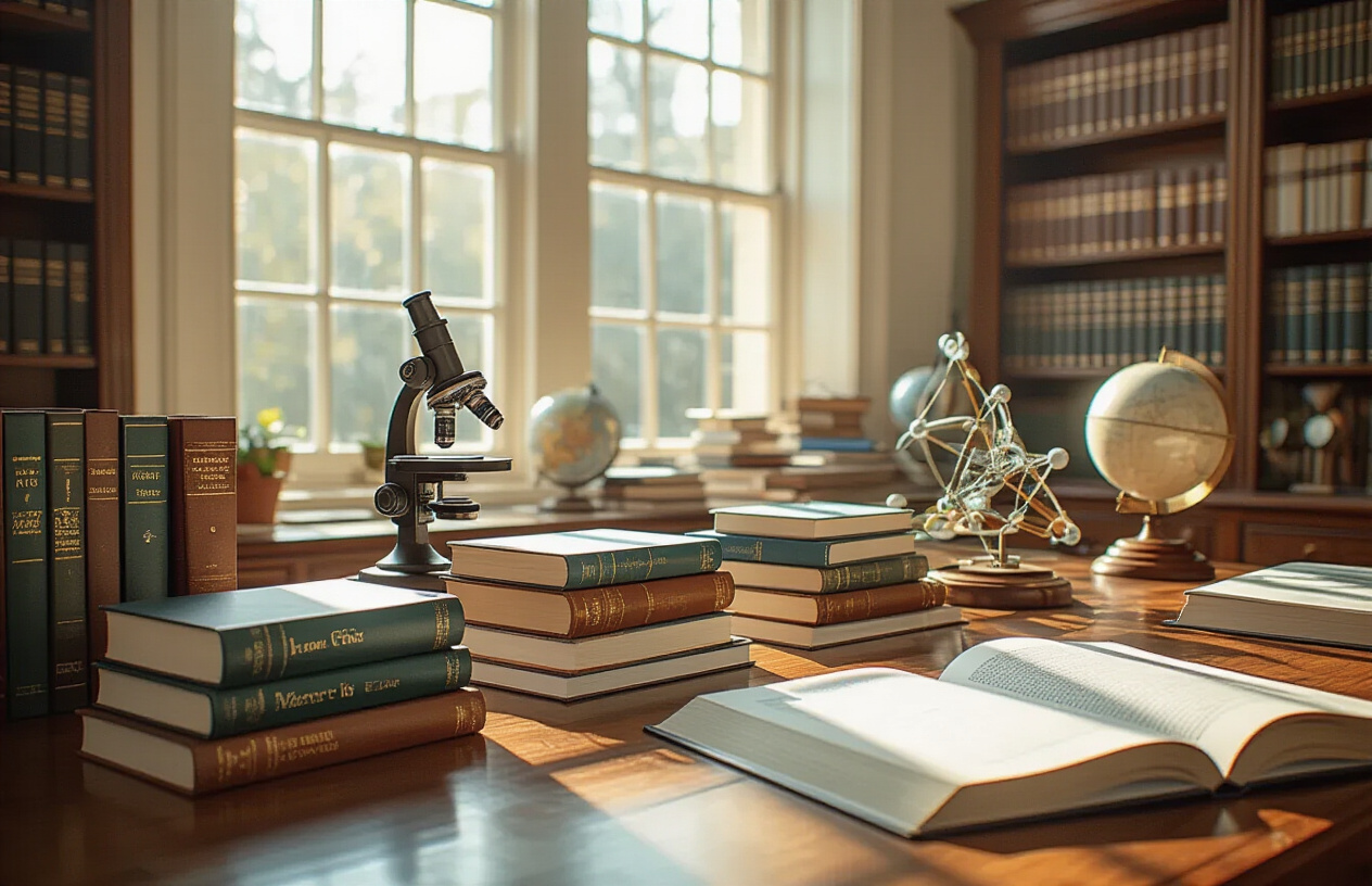 Create a realistic image of an elegant academic classroom setting with organized textbooks and learning materials representing core Cambridge subjects including mathematics textbooks with geometric diagrams, science laboratory equipment like microscopes and molecular models, literature books and classic novels, geography maps and globes, and art supplies arranged on polished wooden desks, with natural daylight streaming through large windows creating a scholarly atmosphere that conveys academic excellence and high educational standards, shot from a slightly elevated angle to showcase the comprehensive range of subjects, with warm natural lighting and a clean, professional academic environment, absolutely NO text should be in the scene.