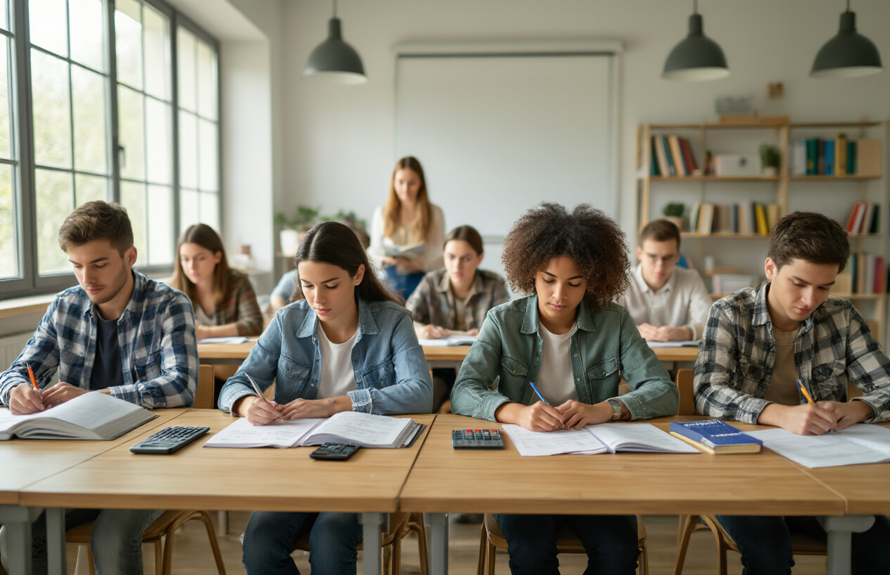 Create a realistic image of a diverse group of students sitting at wooden desks in a bright, modern classroom taking an examination, with assessment papers and answer sheets visible on their desks, alongside various educational materials like textbooks, calculators, and pens, while a white female teacher supervises in the background, with natural lighting streaming through large windows, creating a focused and academic atmosphere that represents formal educational assessment, Absolutely NO text should be in the scene.