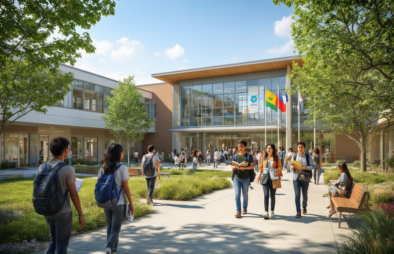 Create a realistic image of a modern school building with diverse students and teachers walking in the courtyard, including white, black, and Asian male and female students carrying books and laptops, a female black teacher discussing with colleagues near the entrance, educational banners and flags visible on the building facade, bright natural daylight with clear blue sky, green landscaping with trees and benches, atmosphere of academic excellence and international education, vibrant and professional educational environment, absolutely NO text should be in the scene.