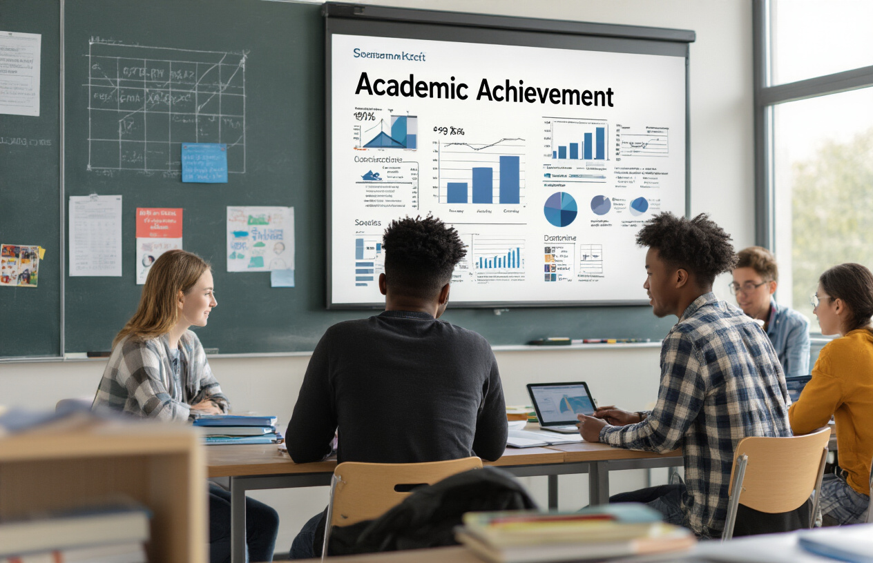 Create a realistic image of diverse students in a modern classroom setting with a white female student and a black male student in the foreground looking at academic achievement charts and graphs displayed on a digital board, surrounded by other students of various ethnicities engaged in collaborative learning activities, with bright natural lighting from large windows, educational materials like books and tablets visible on desks, and a clean, organized learning environment that conveys academic success and effective study strategies, absolutely NO text should be in the scene.