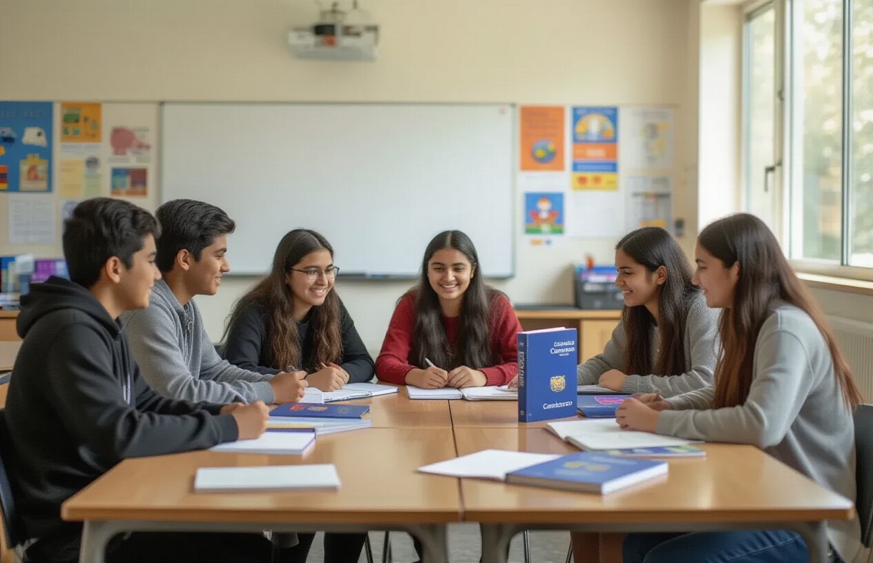 Create a realistic image of a diverse group of students sitting around a modern classroom table with Cambridge curriculum textbooks, notebooks, and educational materials spread across the surface, with a bright, well-lit classroom environment in the background featuring a whiteboard and educational posters, conveying a sense of academic achievement and collaborative learning, with warm natural lighting streaming through large windows creating an inspiring and successful educational atmosphere, absolutely NO text should be in the scene.
