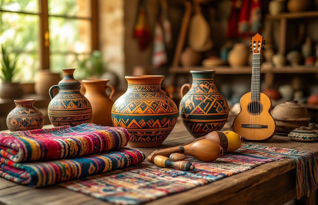 Create a realistic image of traditional Venezuelan cultural elements including colorful handwoven textiles, indigenous pottery with geometric patterns, traditional musical instruments like cuatro and maracas, folk art masks, and regional crafts displayed together on a rustic wooden table, with warm golden lighting highlighting the vibrant colors and intricate details of each cultural artifact, set against a soft blurred background suggesting a cultural museum or artisan workshop, capturing the rich diversity and artistic heritage of Venezuela, absolutely NO text should be in the scene.