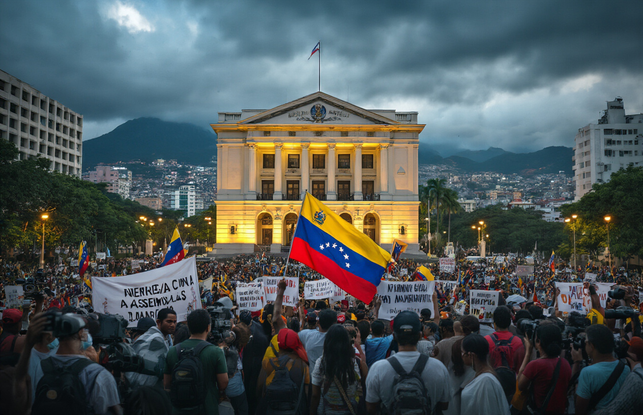 Create a realistic image of Venezuela's National Assembly building or government palace with dramatic lighting, featuring the Venezuelan flag prominently displayed, surrounded by a crowd of diverse Venezuelan people including white, black, and indigenous male and female protesters holding banners, with news cameras and journalists documenting the scene, set against a backdrop of Caracas cityscape with mountains visible in the distance, conveying tension and political uncertainty through moody atmospheric lighting and serious expressions on people's faces, absolutely NO text should be in the scene.
