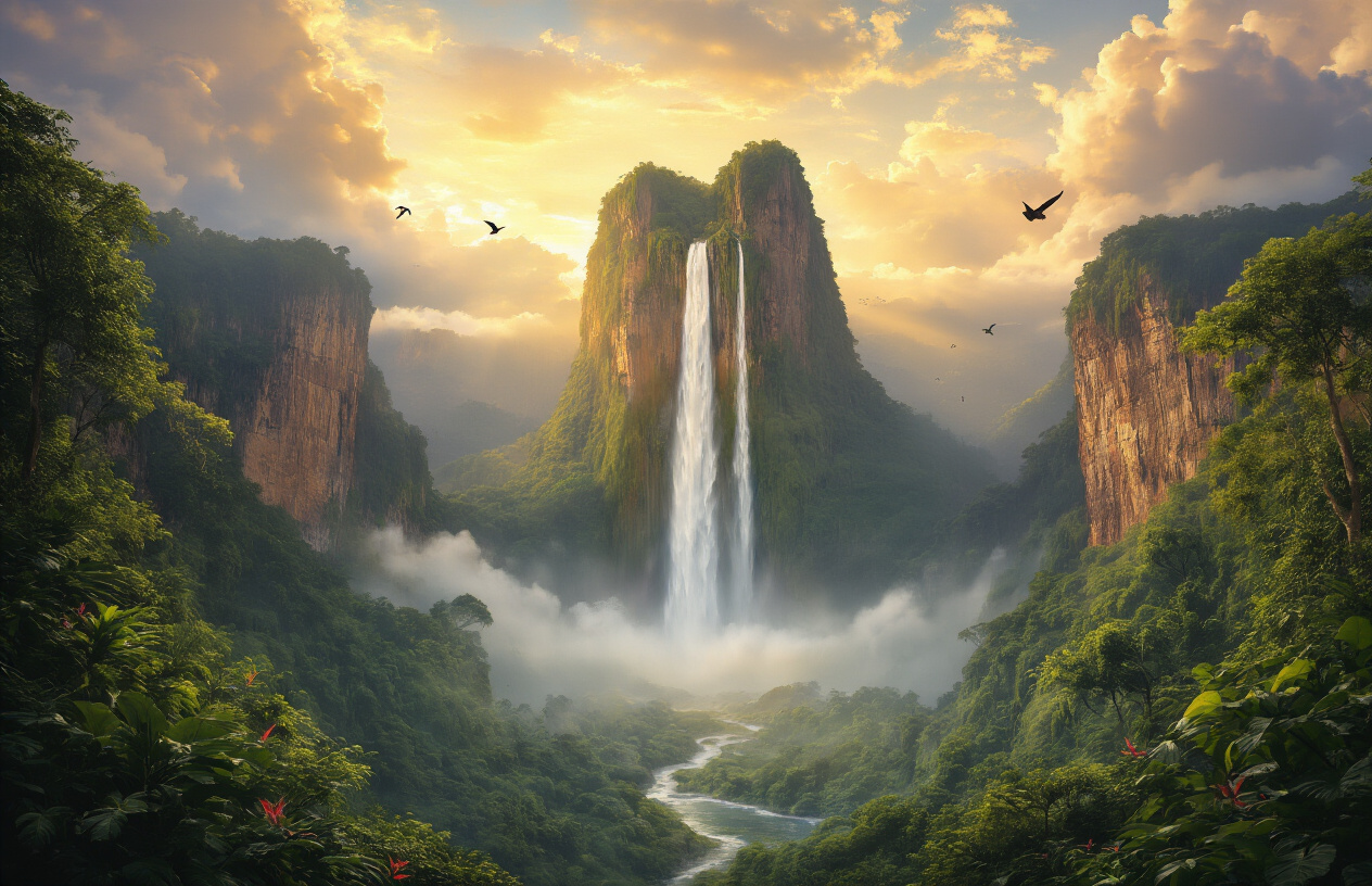 Create a realistic image of Venezuela's breathtaking natural landscape featuring Angel Falls cascading down a towering tepui mountain formation surrounded by lush green rainforest, with mist rising from the waterfall, dramatic cliffs and rock formations in the background, vibrant tropical vegetation in the foreground, warm golden sunlight filtering through clouds creating a magical atmosphere, crystal clear natural pools at the base of the falls, and exotic birds flying in the distance, captured during golden hour with soft natural lighting that highlights the pristine wilderness and untouched beauty of the Venezuelan landscape, absolutely NO text should be in the scene.