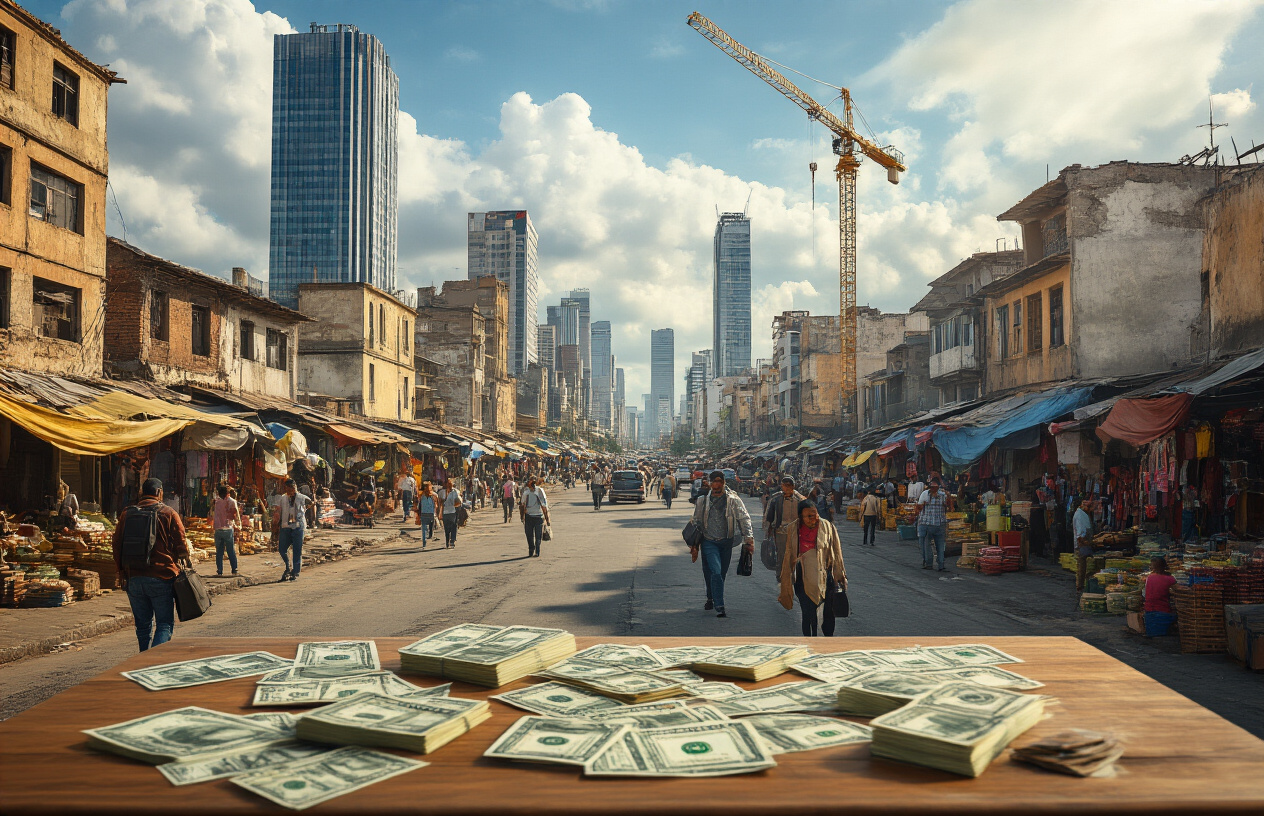 Create a realistic image of a Venezuelan cityscape showing both economic challenges and opportunities, featuring modern skyscrapers alongside older buildings in need of repair, busy street markets with vendors selling goods, construction cranes indicating development, diverse group of Venezuelan people of mixed race including both male and female individuals walking on the streets, some carrying business briefcases while others engage in street commerce, Venezuelan bolivar currency and US dollar bills scattered on a wooden table in the foreground, warm tropical lighting with partly cloudy sky, bustling urban atmosphere conveying economic complexity, absolutely NO text should be in the scene.