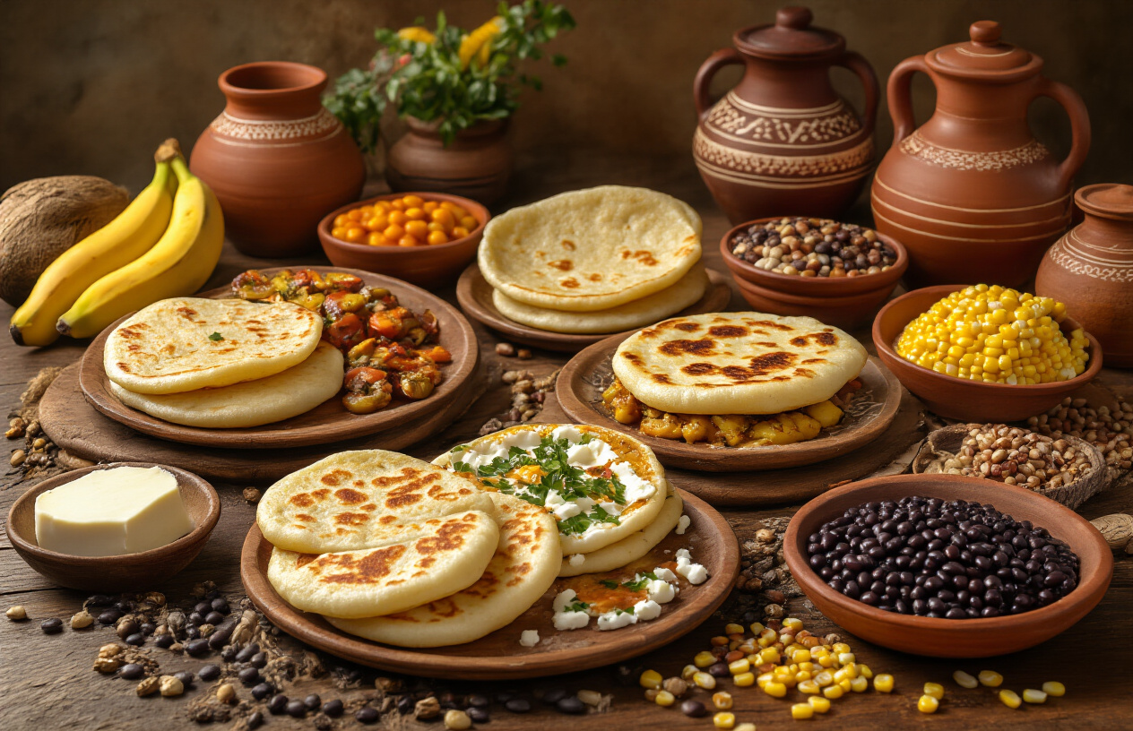 Create a realistic image of a vibrant Venezuelan dining scene featuring traditional dishes like arepas, pabellón criollo, and cachapas beautifully arranged on rustic wooden plates, with colorful Venezuelan ingredients such as black beans, plantains, white cheese, and corn scattered around, warm golden lighting creating an inviting atmosphere, traditional Venezuelan pottery and cooking utensils as complementary elements, rich earthy tones and textures representing authentic culinary heritage, absolutely NO text should be in the scene.