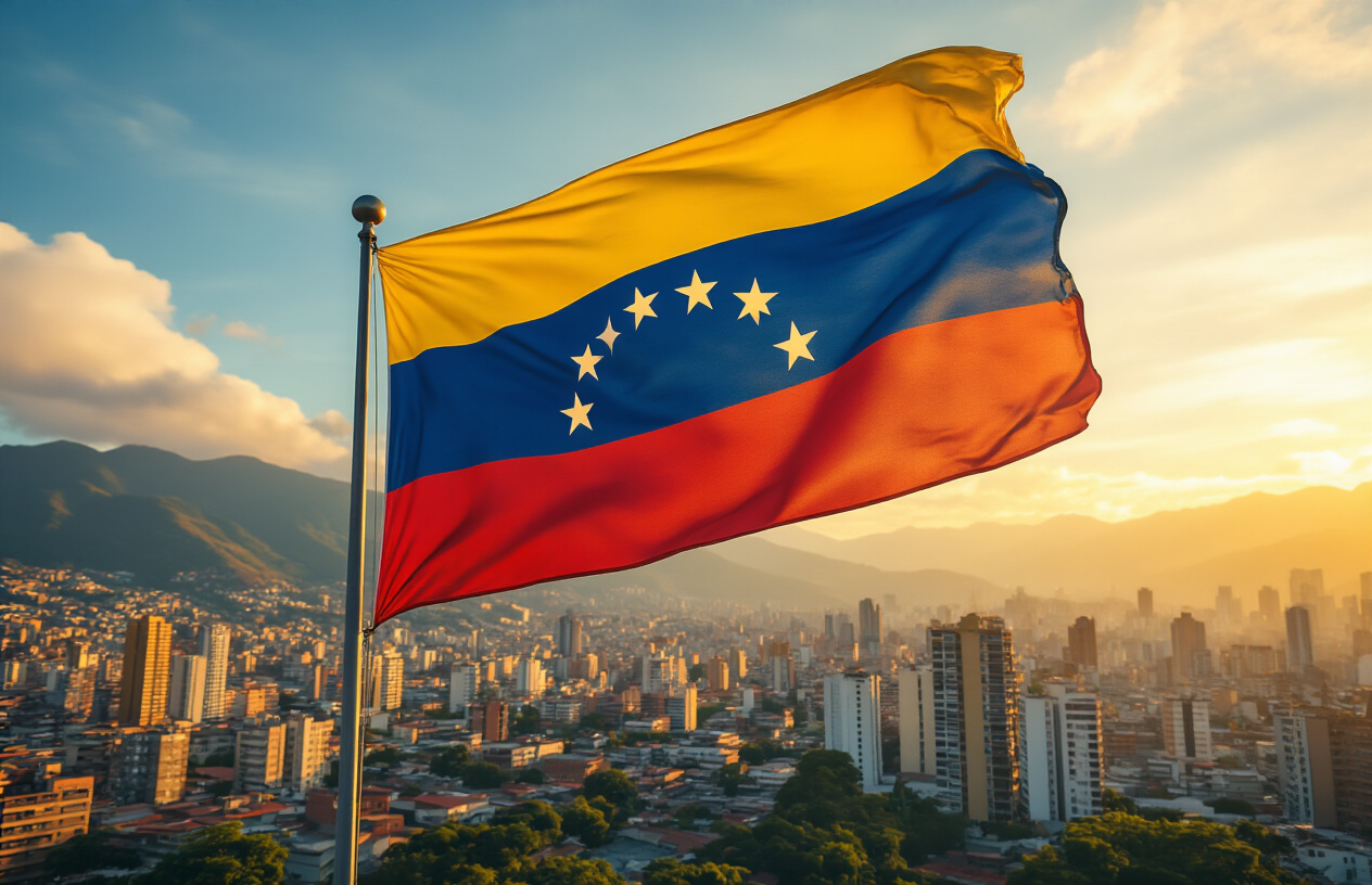 Create a realistic image of the Venezuelan flag waving gracefully in warm golden sunlight against a backdrop of Caracas cityscape with modern buildings and mountains in the distance, capturing a sense of hope and national pride, with vibrant colors highlighting the flag's yellow, blue, and red stripes and eight stars, set during golden hour with soft natural lighting creating an uplifting and patriotic atmosphere, absolutely NO text should be in the scene.